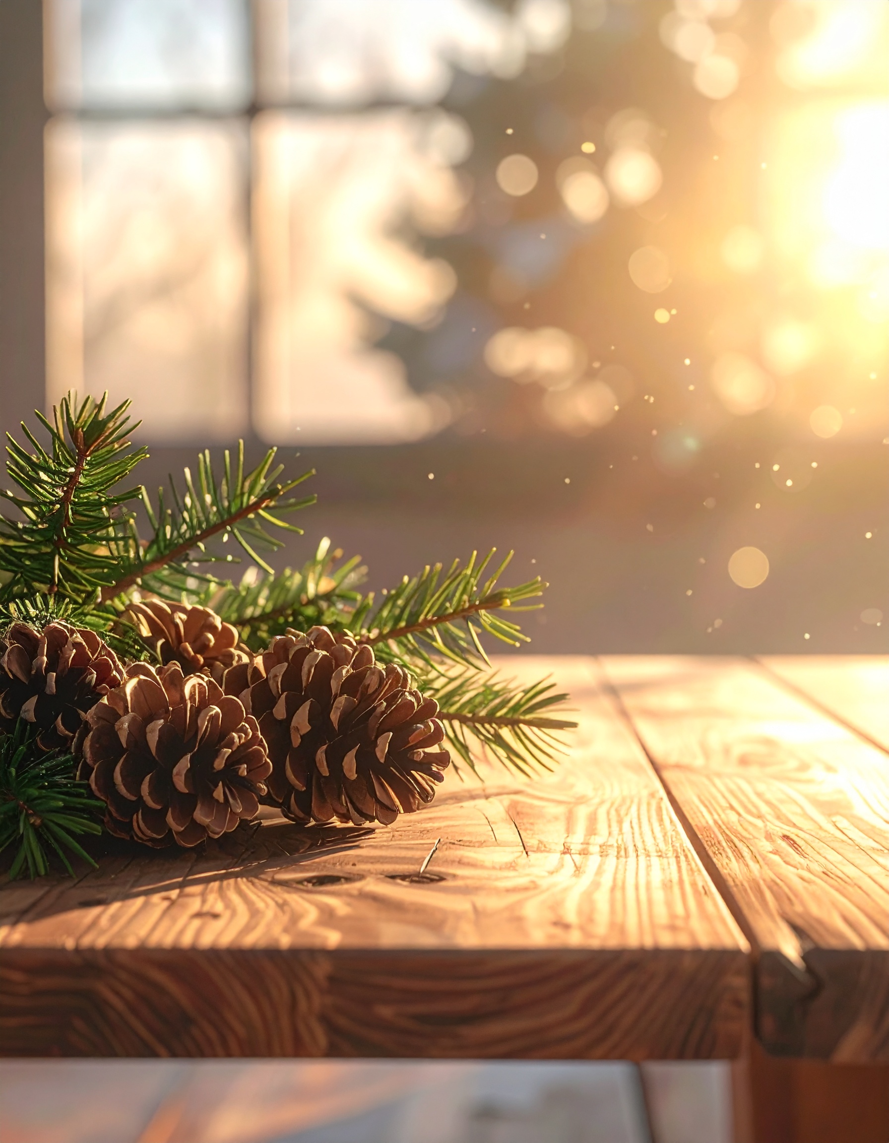 Galhos de pinheiro com pinhas repousam sobre uma mesa de madeira, iluminados por luz solar suave que entra pela janela. A atmosfera é serena e natural, com um foco suave que destaca os detalhes da textura da madeira e das pinhas. O fundo desfocado sugere um ambiente interior aconchegante e iluminado, criando uma sensação de tranquilidade e calor natural.