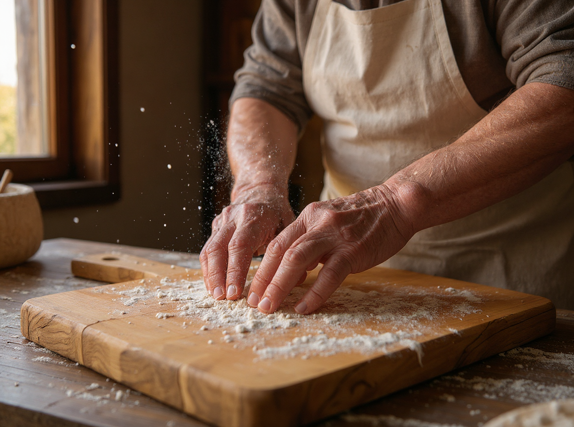 Mãos experientes manipulam a farinha sobre uma tábua de madeira, em um ambiente rústico. A luz suave entrando pela janela destaca a textura da farinha em suspensão, criando uma atmosfera cálida e artesanal. A cena captura a essência do processo de panificação em um ângulo próximo que foca na habilidade manual e no cuidado do trabalho artesanal.