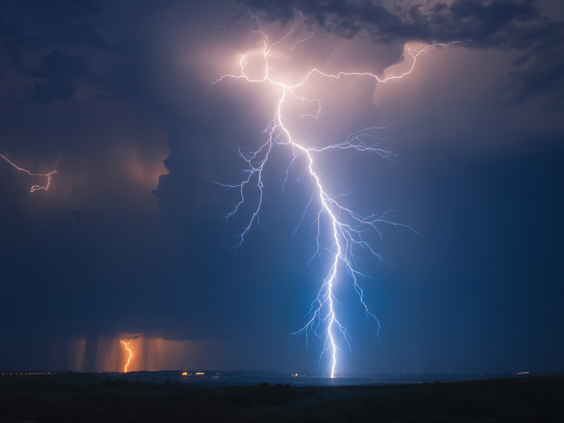 A dramatic lightning bolt pierces through a dark night sky, illuminating the landscape below
