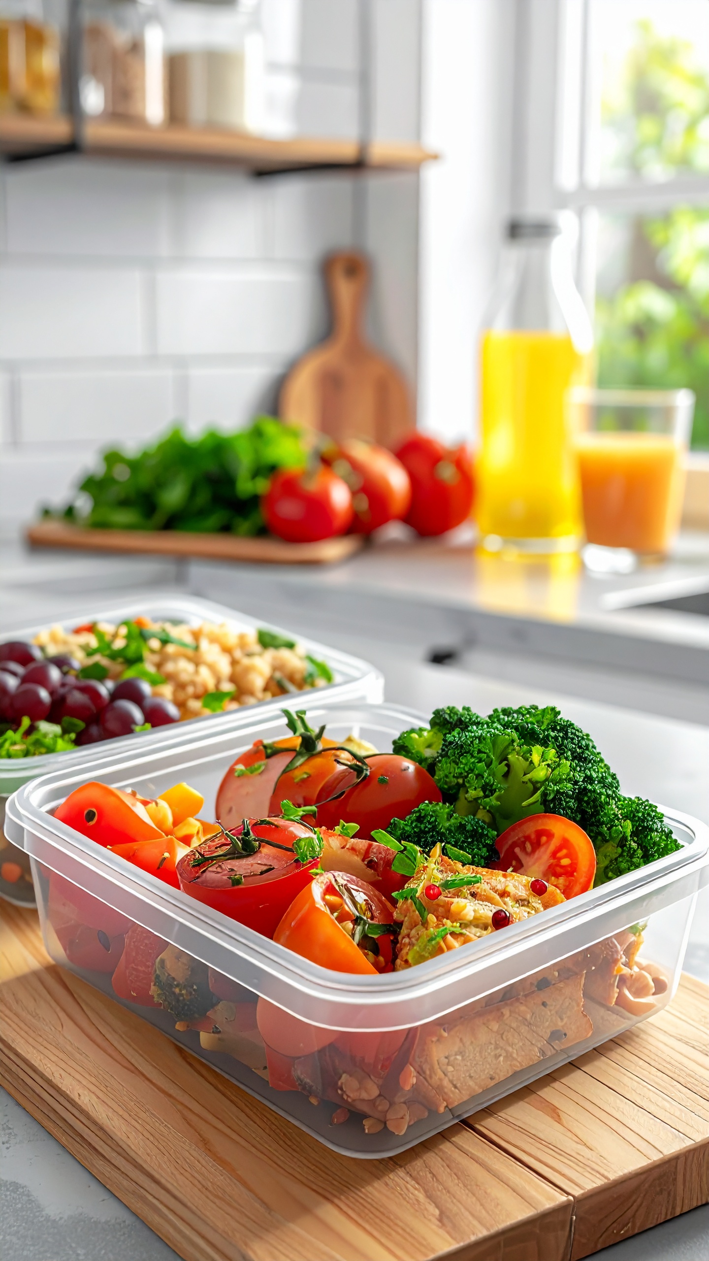 A healthy meal prep scene featuring containers filled with fresh vegetables and fruits