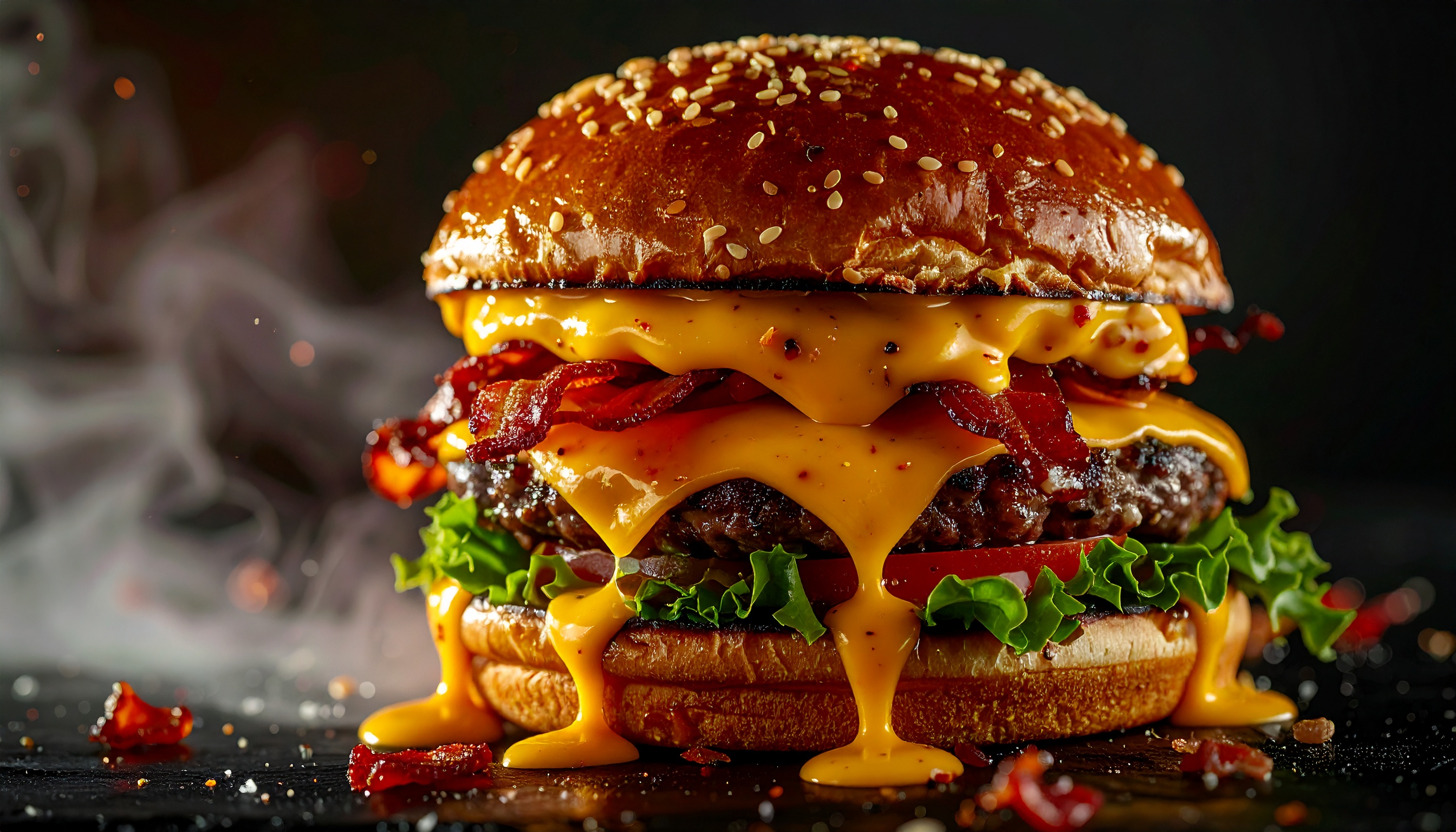 Hambúrguer suculento coberto com queijo derretido e pedaços de bacon crocante. Ideal para quem busca uma explosão de sabores em uma única mordida. O pão macio e dourado complementa o visual irresistível, junto com alface fresca e tomate. Perfeito para um jantar casual ou evento gourmet, oferecendo uma experiência gastronômica envolvente. Este hambúrguer destaca-se pela combinação harmoniosa de ingredientes de alta qualidade.