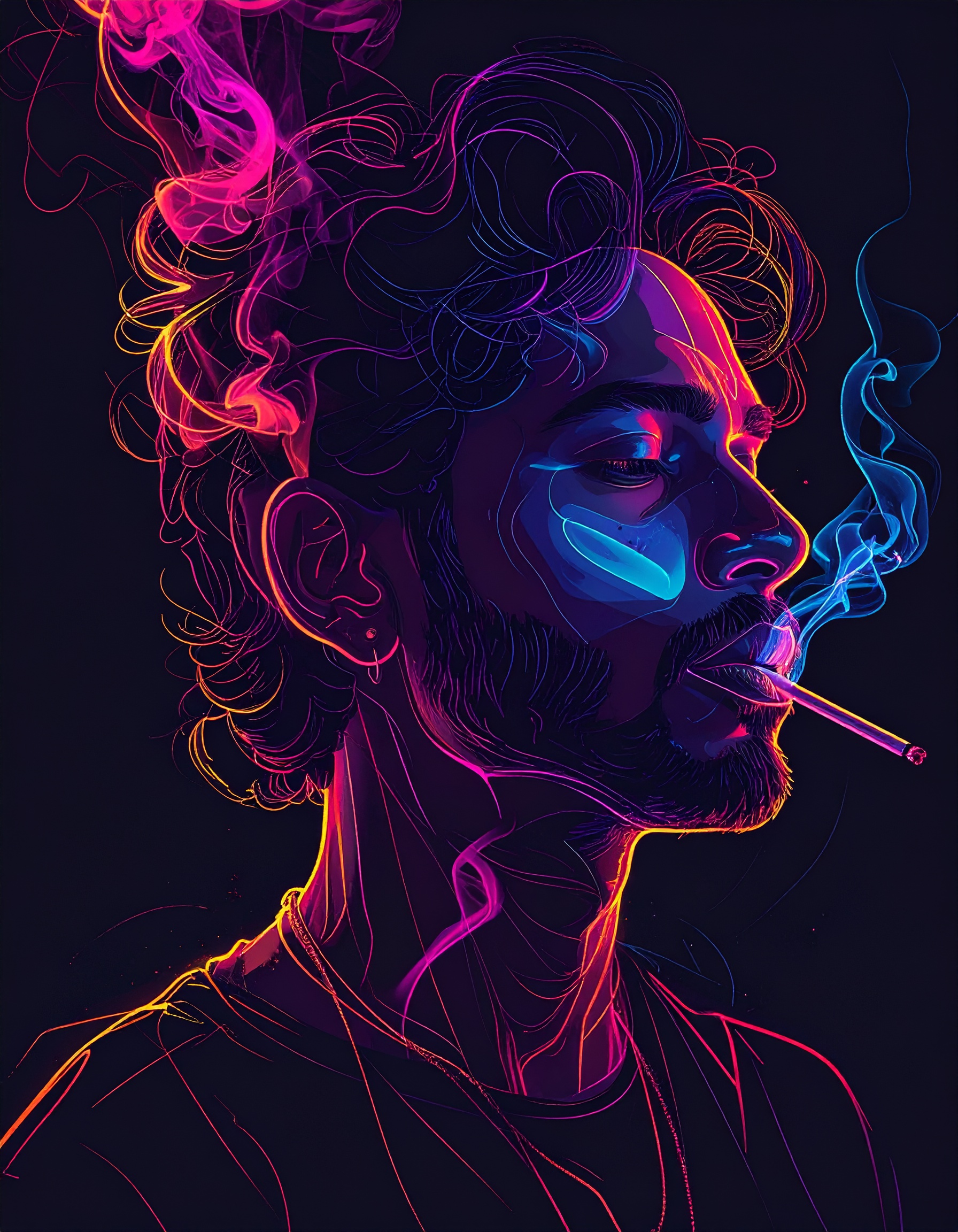 A striking neon digital illustration of a man exhaling vibrant smoke against a dark background