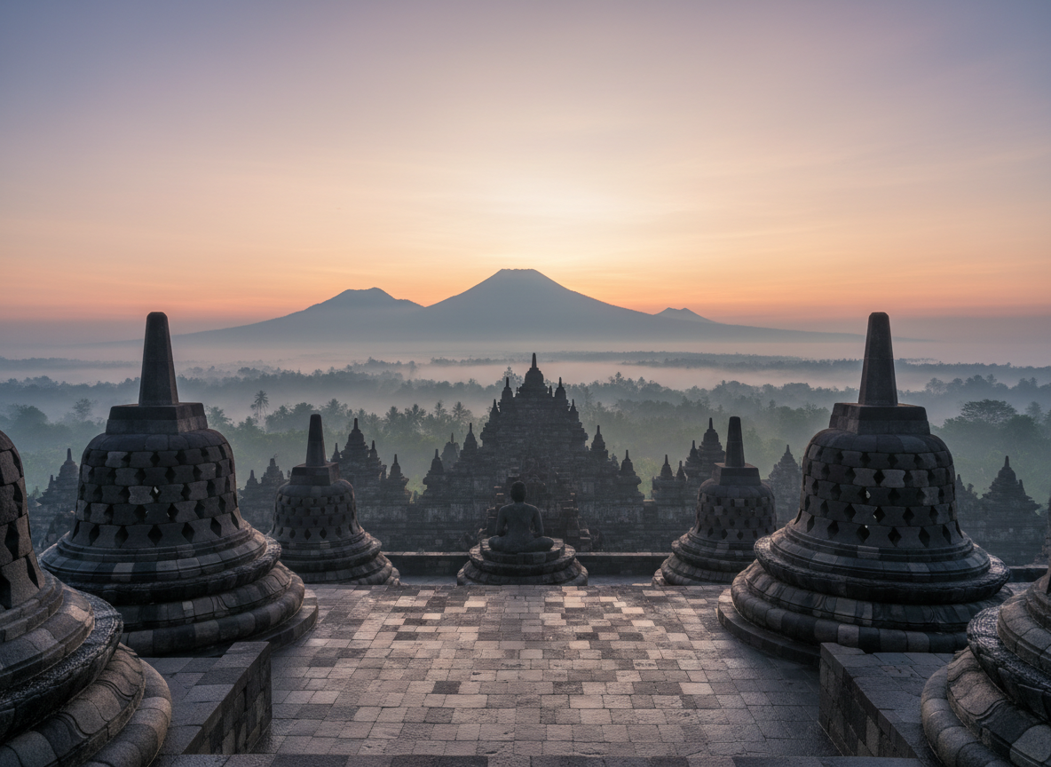 Borobudur Temple stands majestically at sunrise, framed by distant mountains