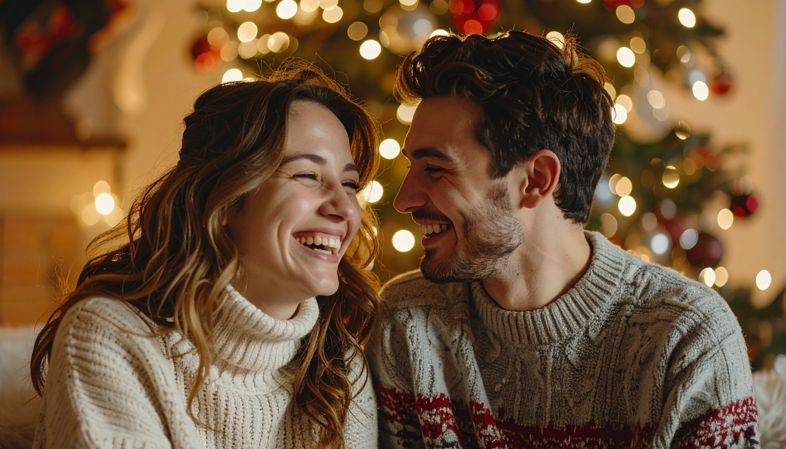 Smiling Couple in Front of a Christmas Tree with Golden and Red Lights