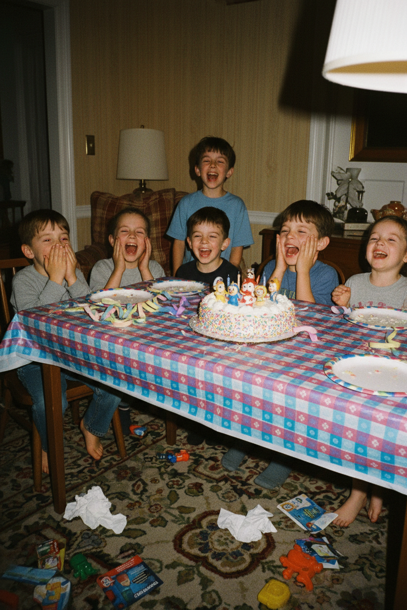 Five children laugh around a colorful birthday cake on a table