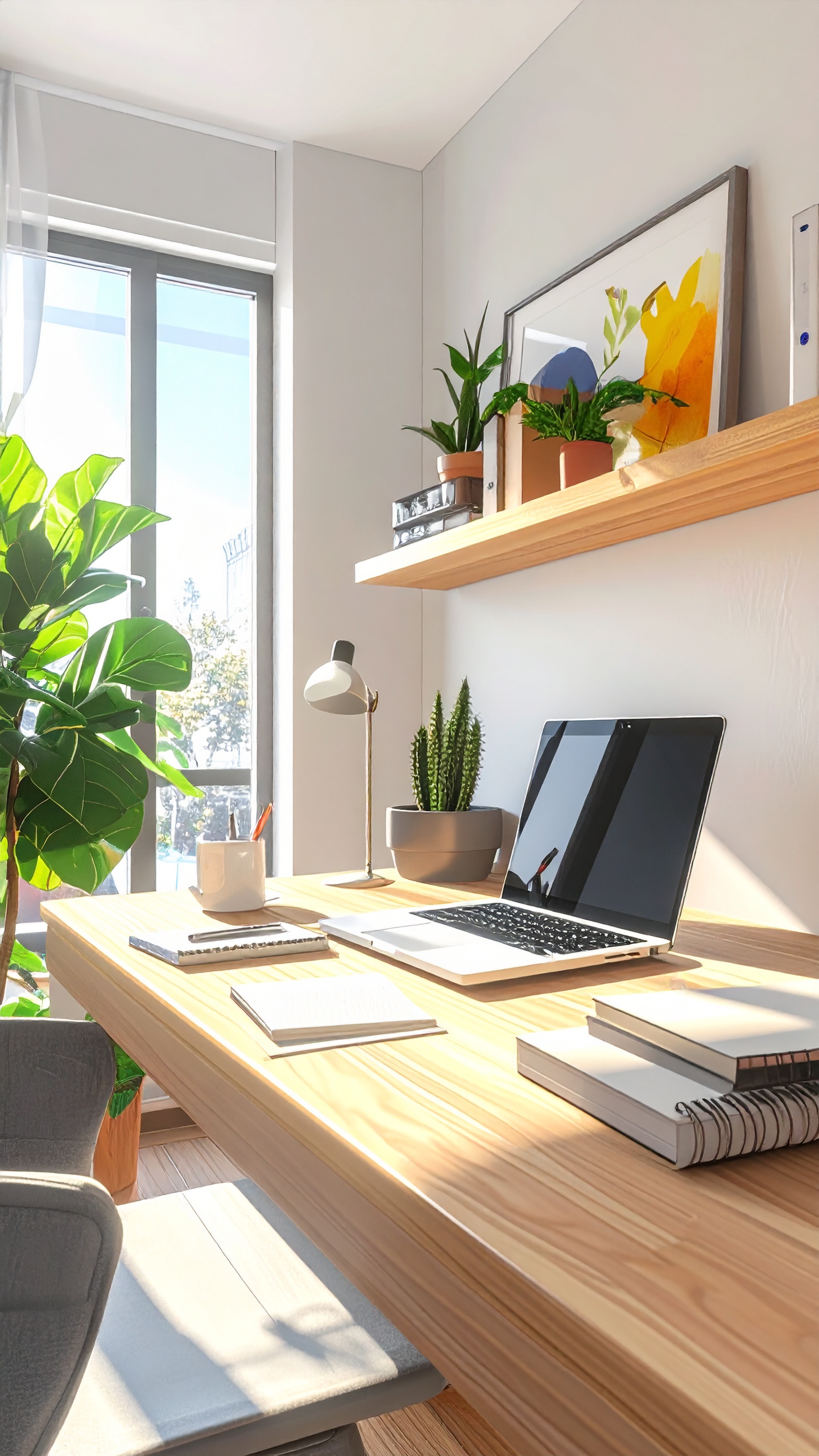 A modern home office workspace features a wooden desk with a sleek laptop