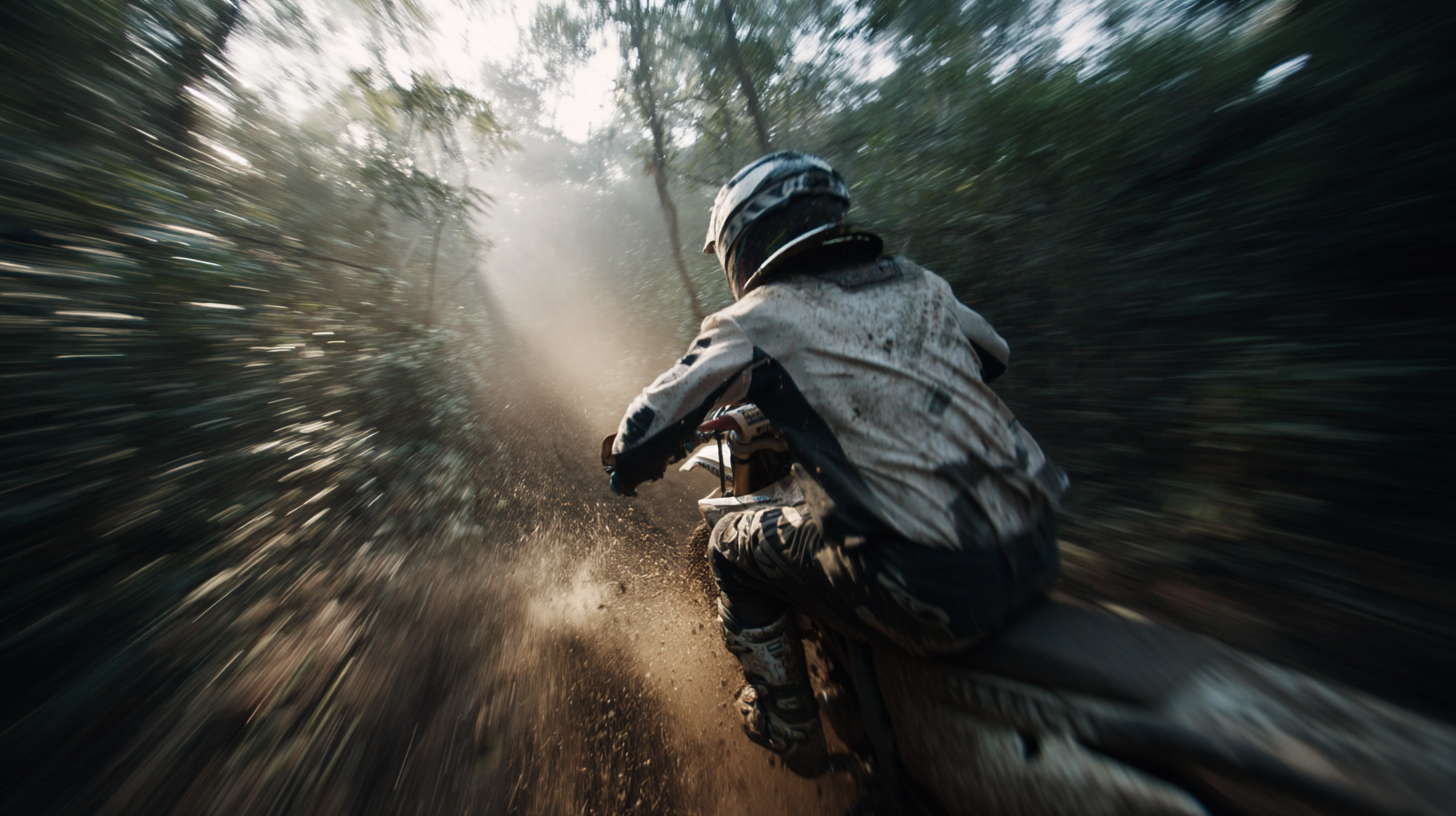 Um motociclista em alta velocidade atravessando uma trilha em uma floresta, levantando poeira enquanto acelera sua moto off-road. A imagem captura a sensação de movimento e aventura na natureza.