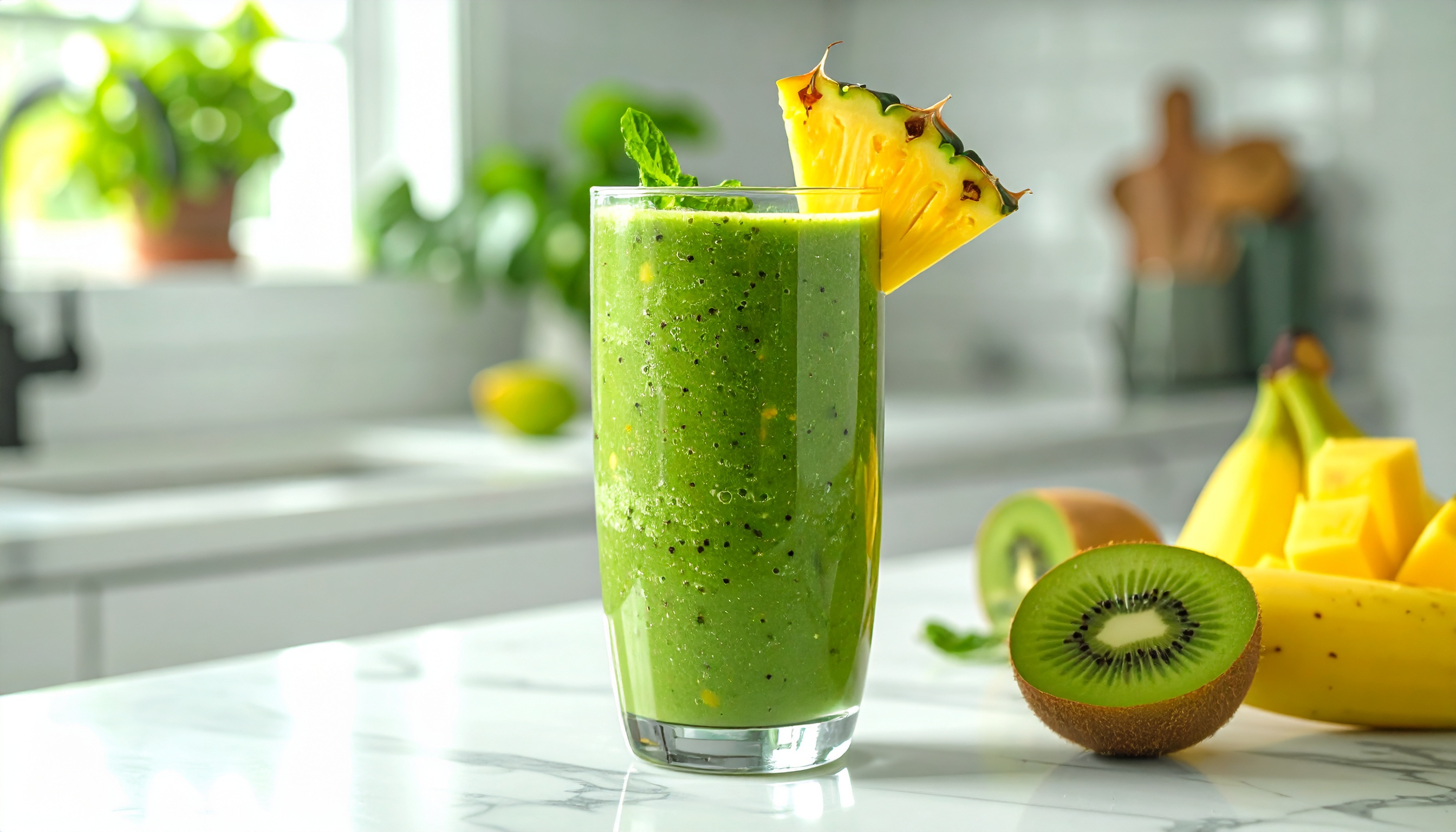 Um vibrante smoothie verde em um copo alto, guarnecido com uma fatia de abacaxi e folhas de hortelã, em uma bancada de cozinha iluminada e moderna. O fundo desfocado exibe frutas tropicais como kiwi, banana e abacaxi, criando uma sensação de frescor e saúde. A iluminação suave realça a textura e as cores do smoothie, enfatizando o estilo culinário e a composição minimalista.