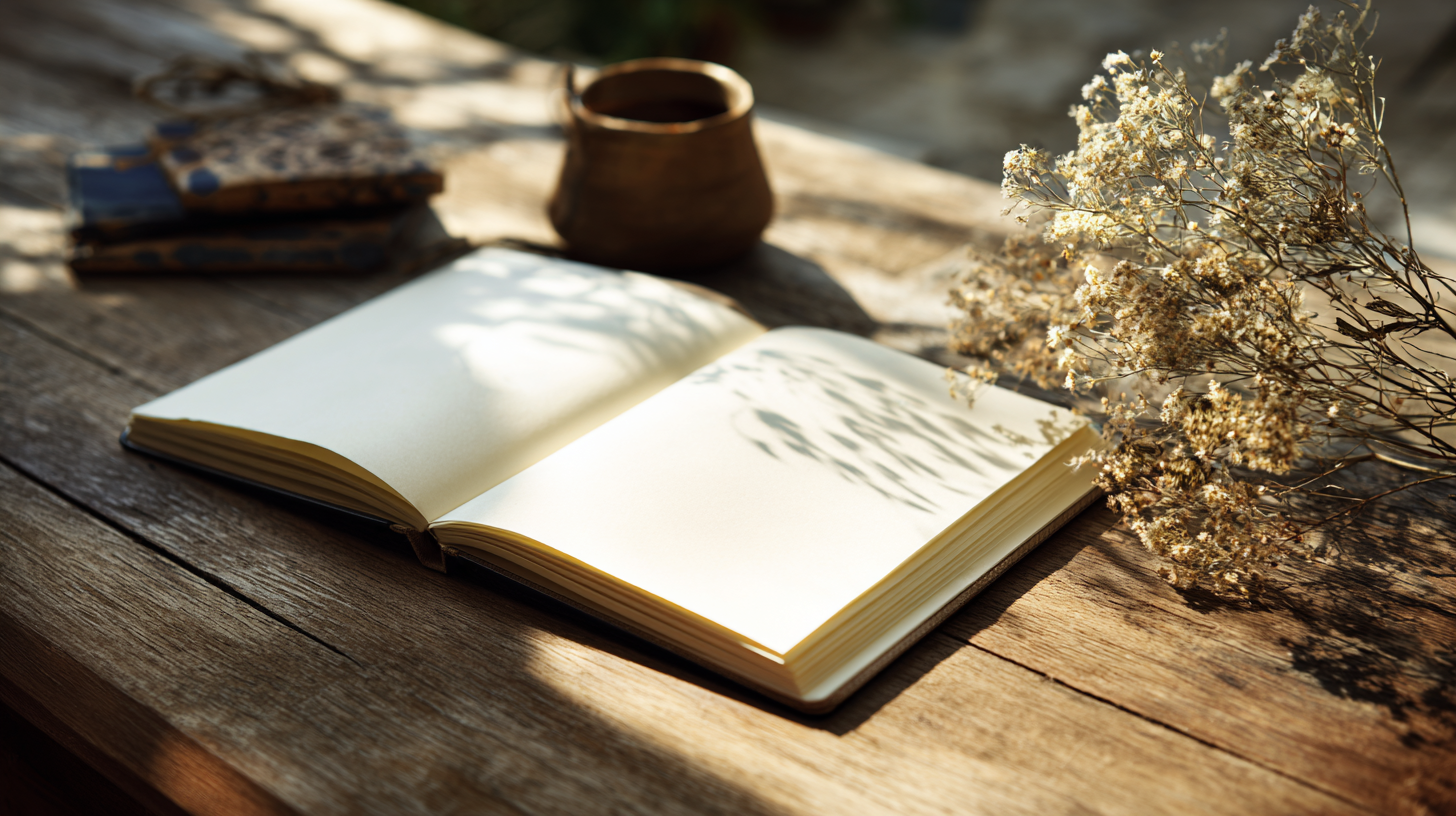 Uma mesa de madeira rústica com um caderno aberto em destaque, mostrando páginas em branco. Ao fundo, há um vaso de barro e ramos secos de flores, criando um ambiente acolhedor e natural. A iluminação suave realça as texturas da madeira e das flores secas.