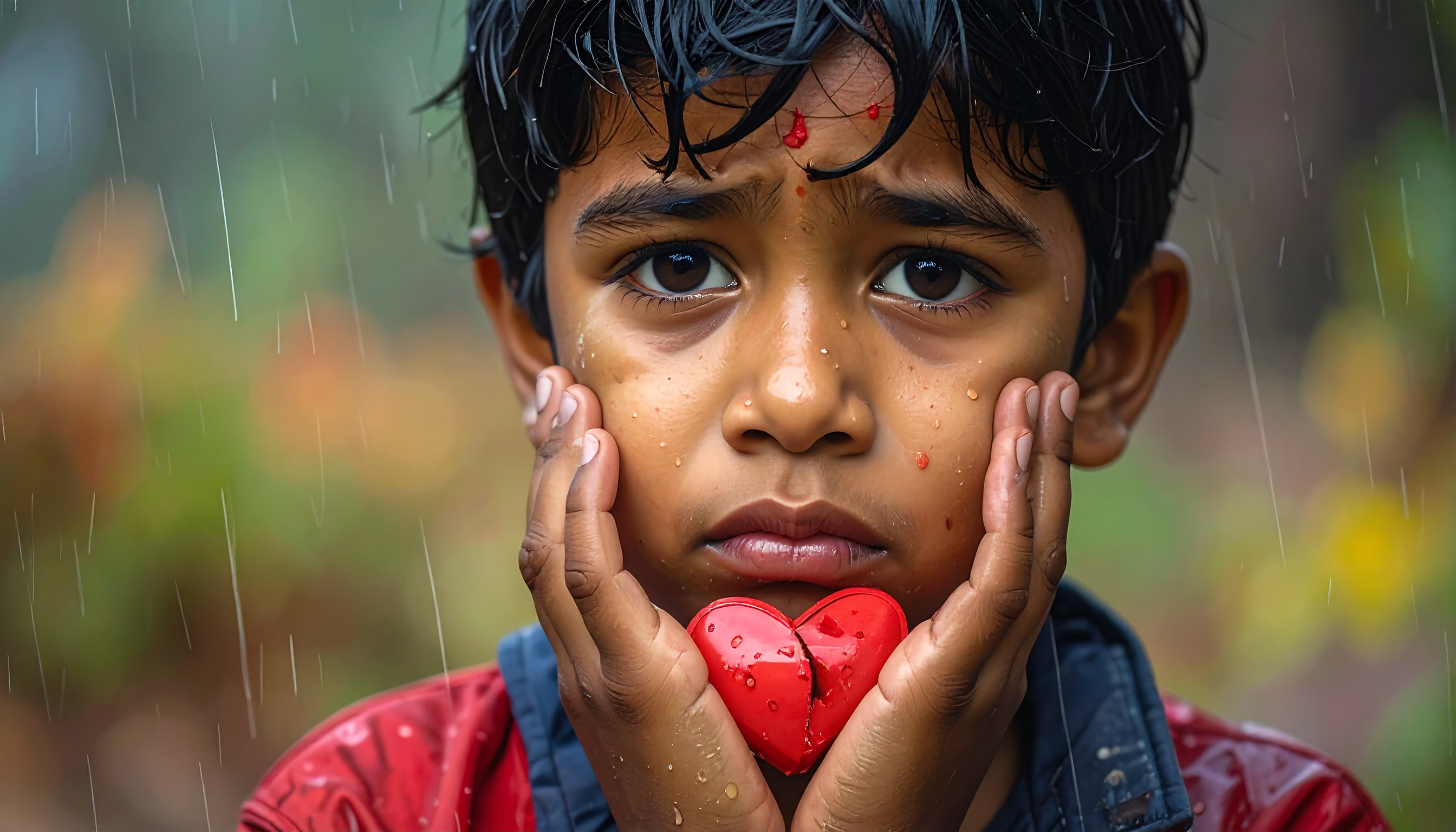 A young child holds a red heart symbol in the rain, looking contemplative and emotional