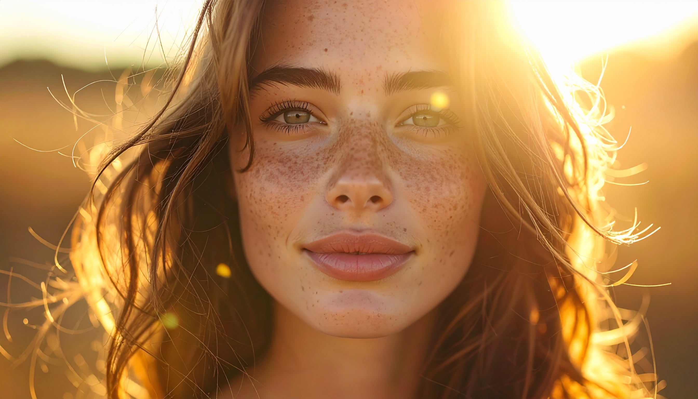 Portrait of a Woman with Freckles in Golden Sunset Light
