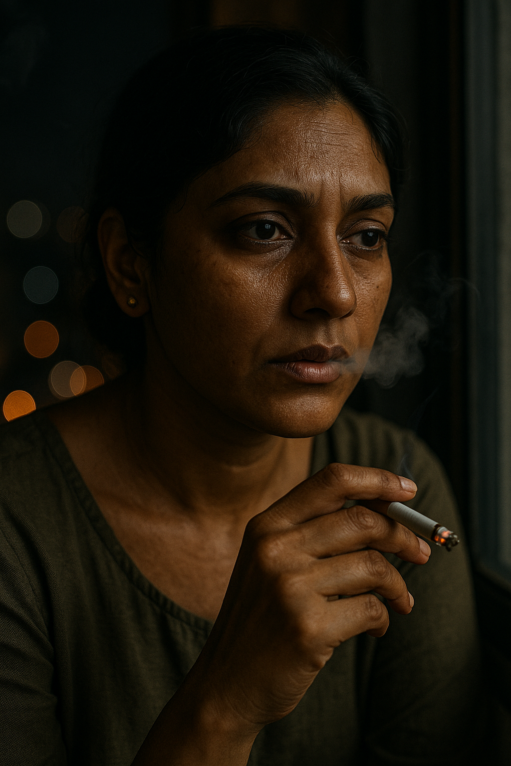 A contemplative woman holds a cigarette, surrounded by dim lighting