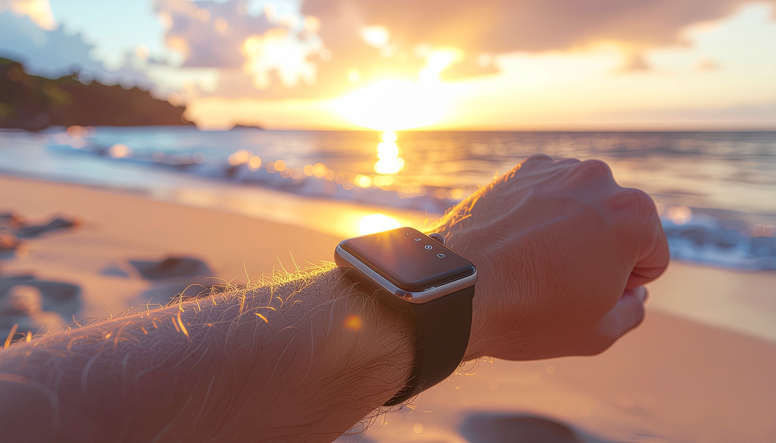 Smartwatch on Human Wrist at Sunset Beach