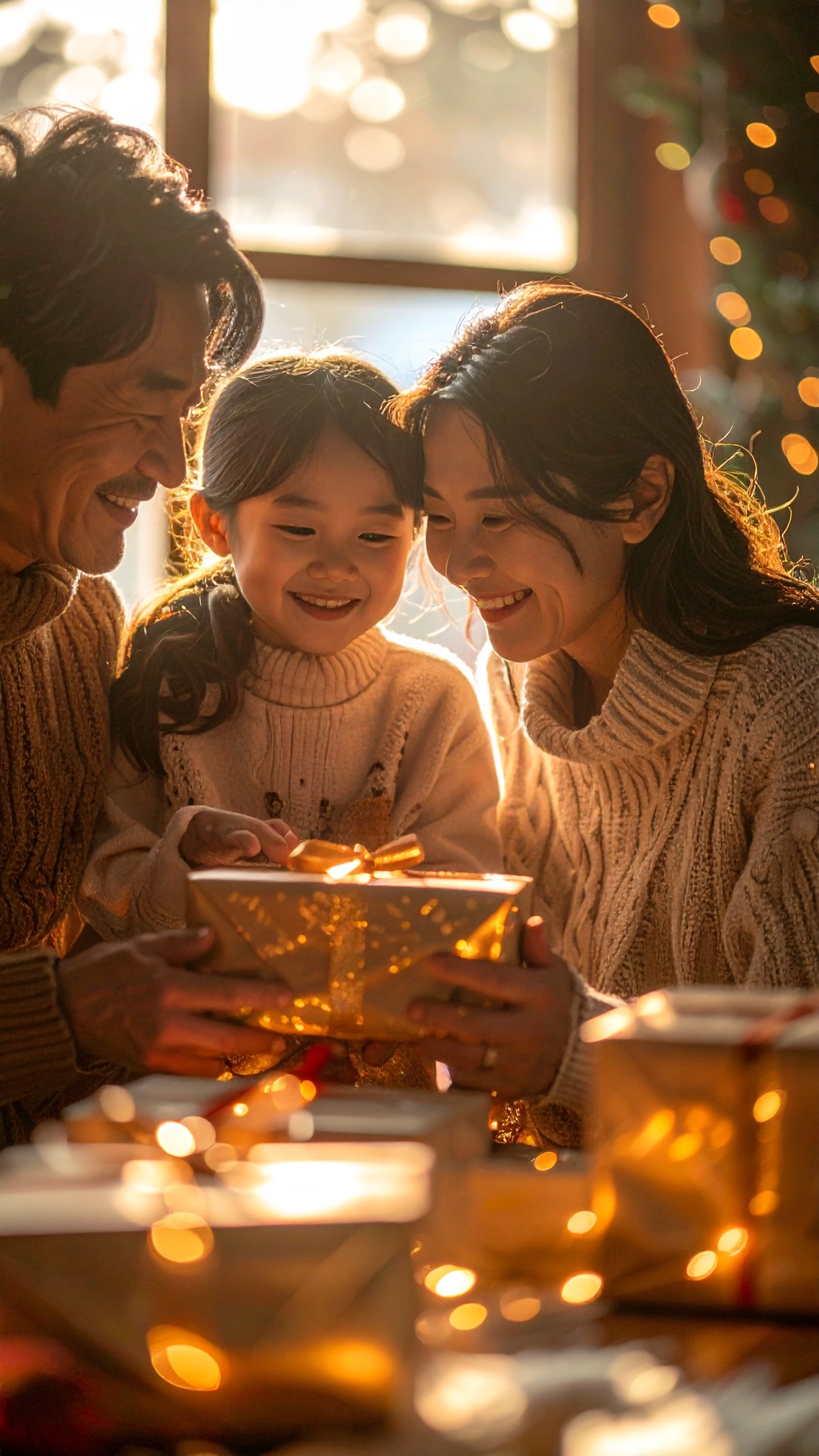 A family joyfully gathers around a beautifully wrapped gift, surrounded by warm holiday lights