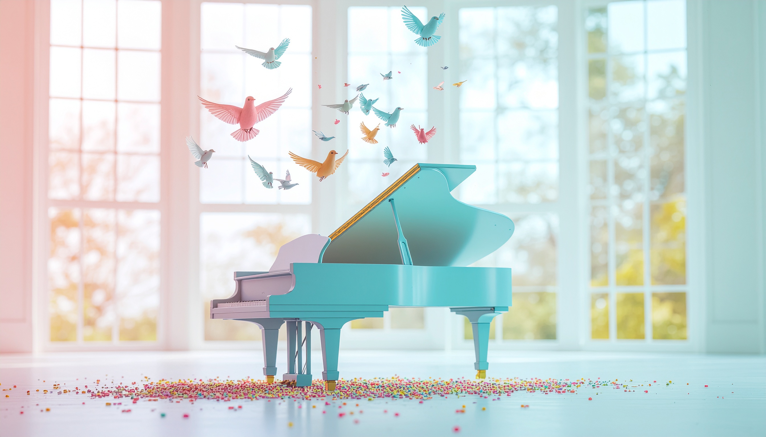 Um piano azul claro em um ambiente iluminado por janelas amplas, cercado por pássaros coloridos flutuando, criando uma atmosfera serena e mágica. Pequenos confetes no chão adicionam um toque lúdico à cena, com luz suave e difusa entrando pelas janelas, destacando a composição arejada e elegante.