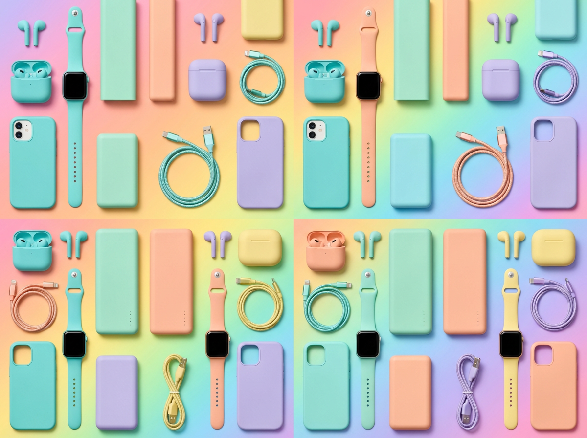 A collection of pastel-colored tech accessories on a gradient background