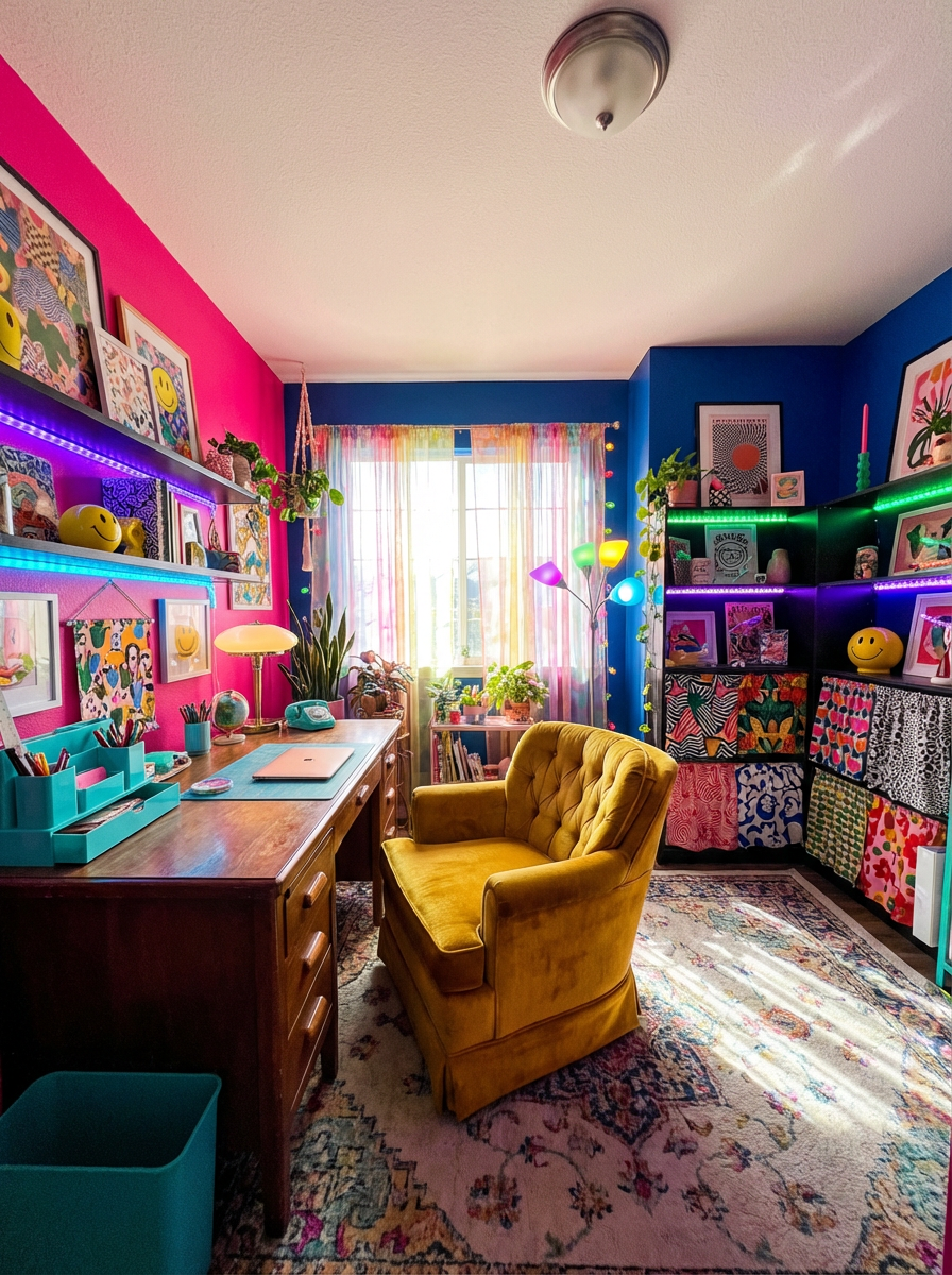Vibrant home office filled with colorful decor and art