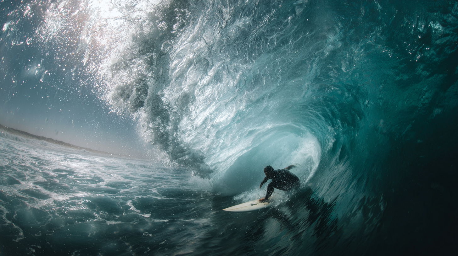 Surfista realizando uma manobra dentro de uma onda tubular em um dia ensolarado, com água cristalina e espuma ao redor, capturando a essência do surf em um ambiente marinho.
