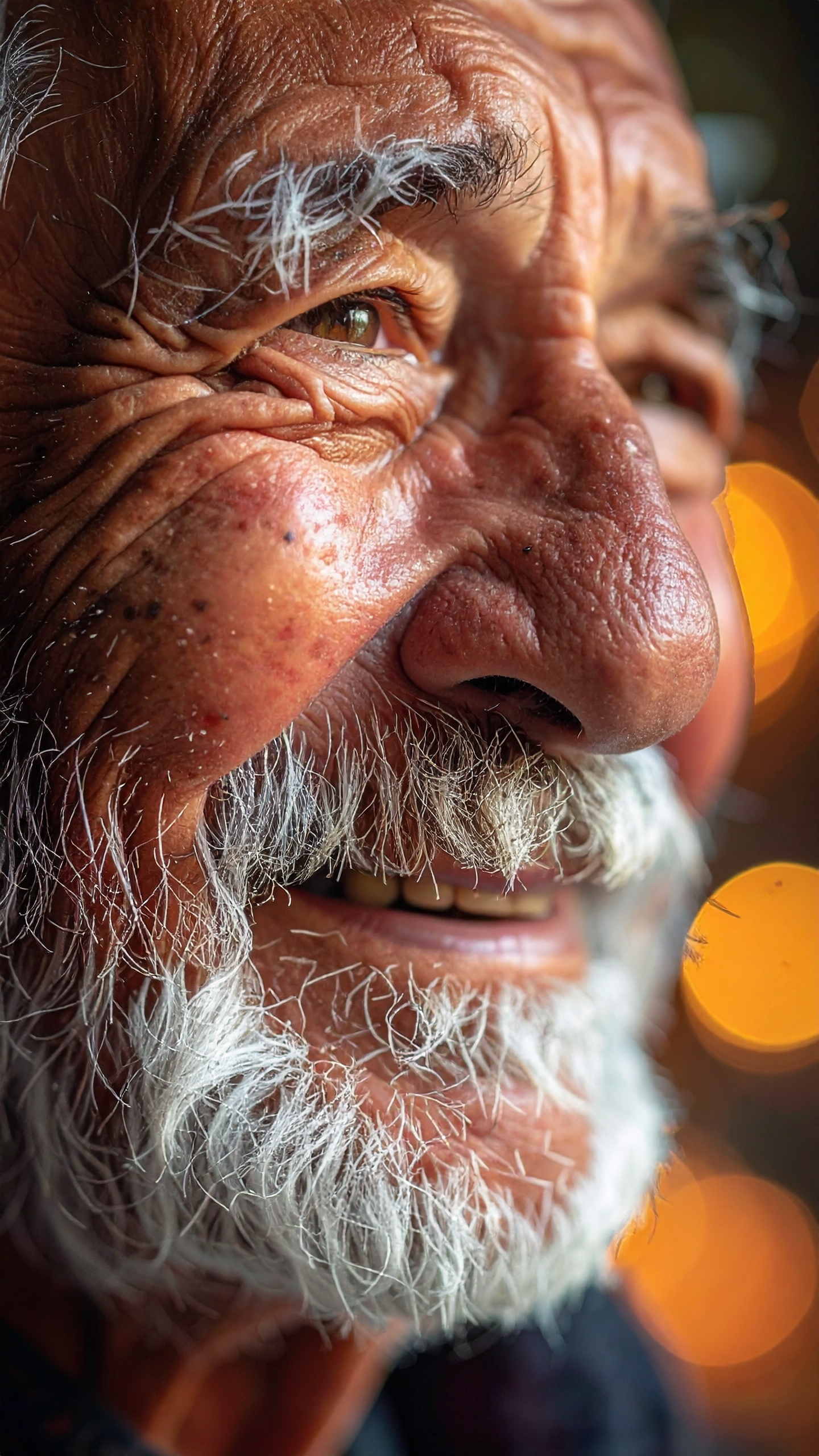 Close-up of an elderly man's joyful expression with twinkling eyes and a soft smile