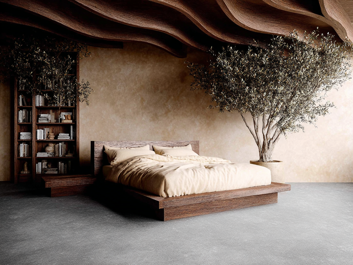 Quarto moderno com cama de madeira escura, coberta por edredom bege, situado em ambiente minimalista. O teto ondulado em madeira confere uma sensação orgânica, enquanto uma estante de livros e uma árvore em vaso adicionam elementos naturais. Iluminação suave e tons terrosos criam uma atmosfera acolhedora e relaxante.