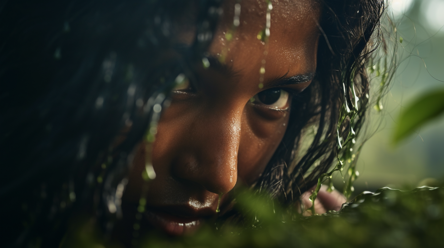 Close-up portrait of a young woman with wet, curly hair, peering through lush green foliage, showcasing a mysterious and captivating gaze. The image captures the essence of nature and beauty, highlighting the interplay of light and water droplets on her skin.