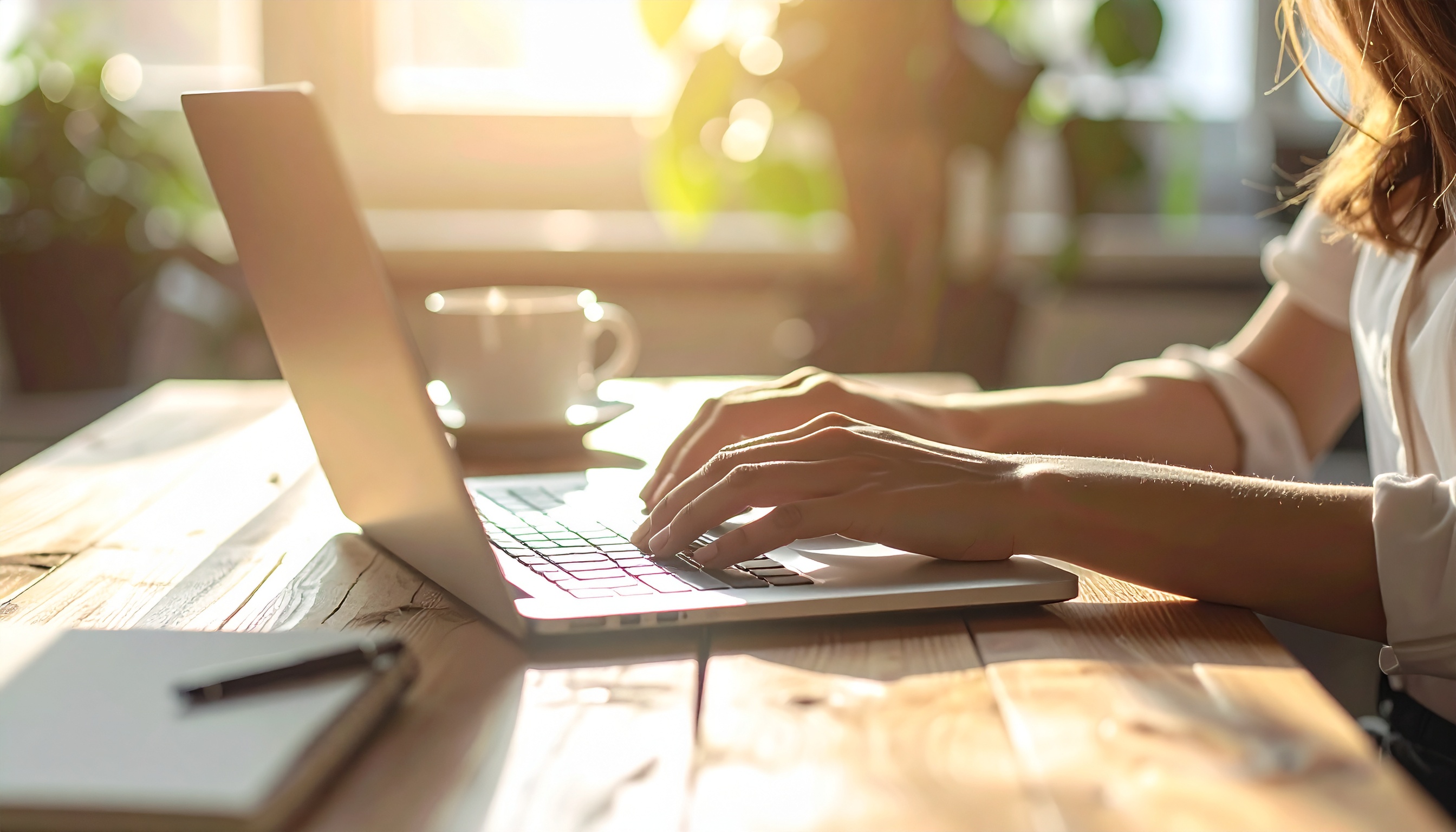 Hands Typing on Laptop in Warm Sunlit Wooden Workspace