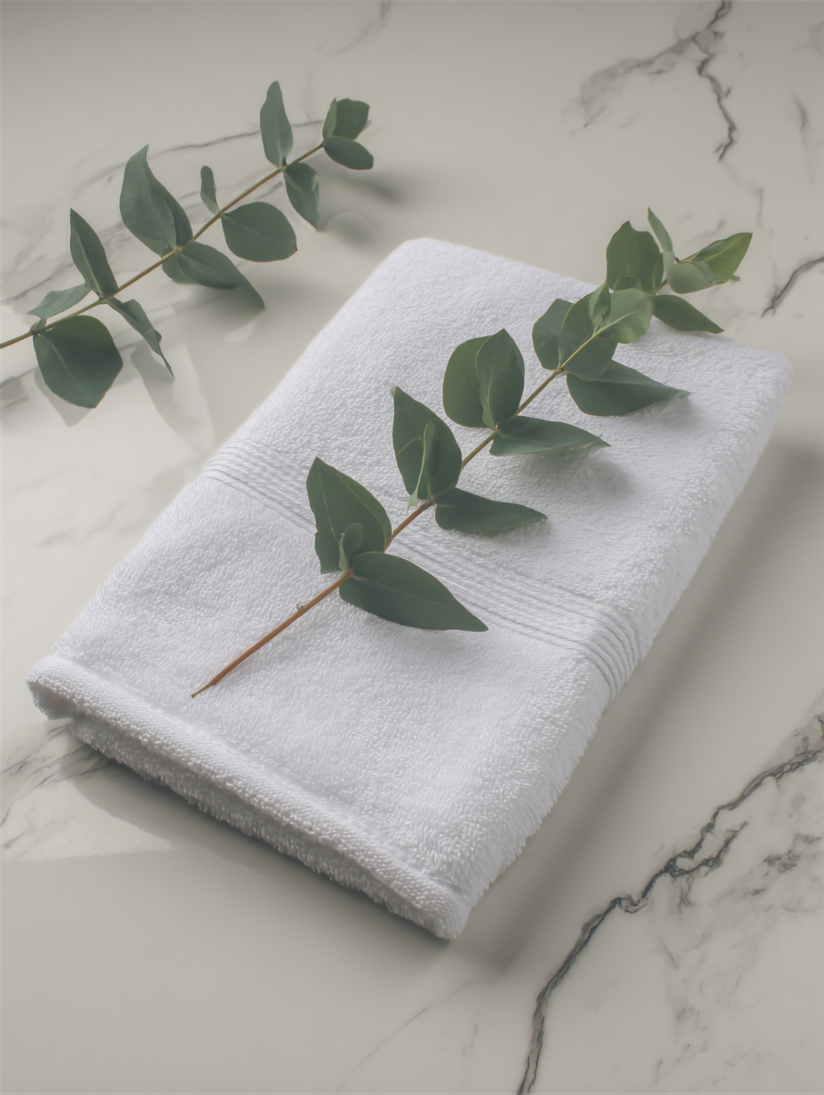 Toalha branca de algodão sobre superfície de mármore com ramo de eucalipto, transmitindo serenidade e estilo minimalista, ideal para ambientes de spa ou decoração de interiores.