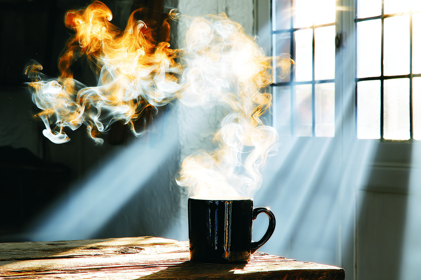 Caneca preta com fumaça alaranjada ascendente, iluminada por raios de sol através de janela, criando atmosfera calorosa e aconchegante sobre mesa de madeira rústica.