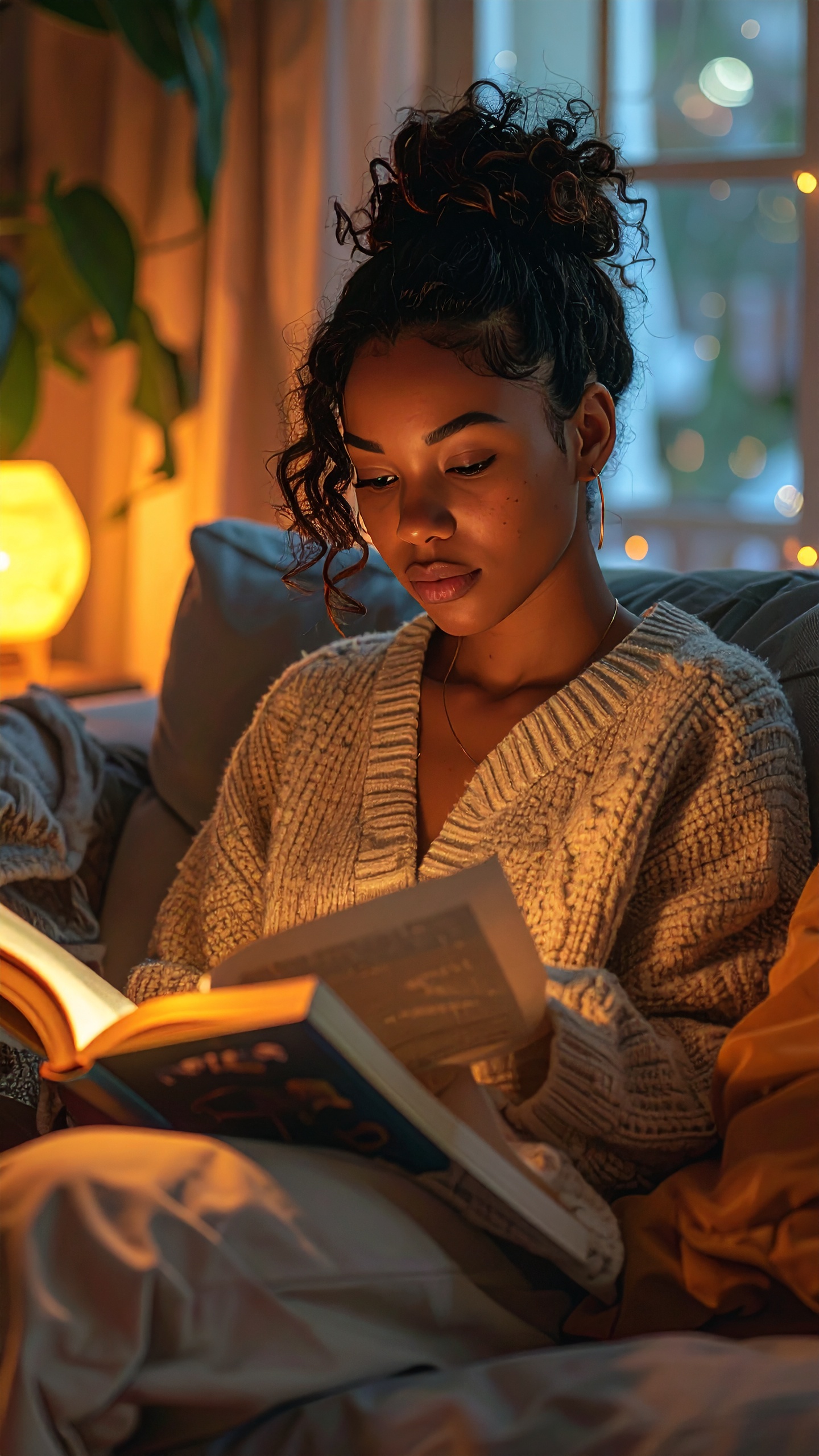 A young woman sits on a cozy sofa, immersed in a book under warm lighting