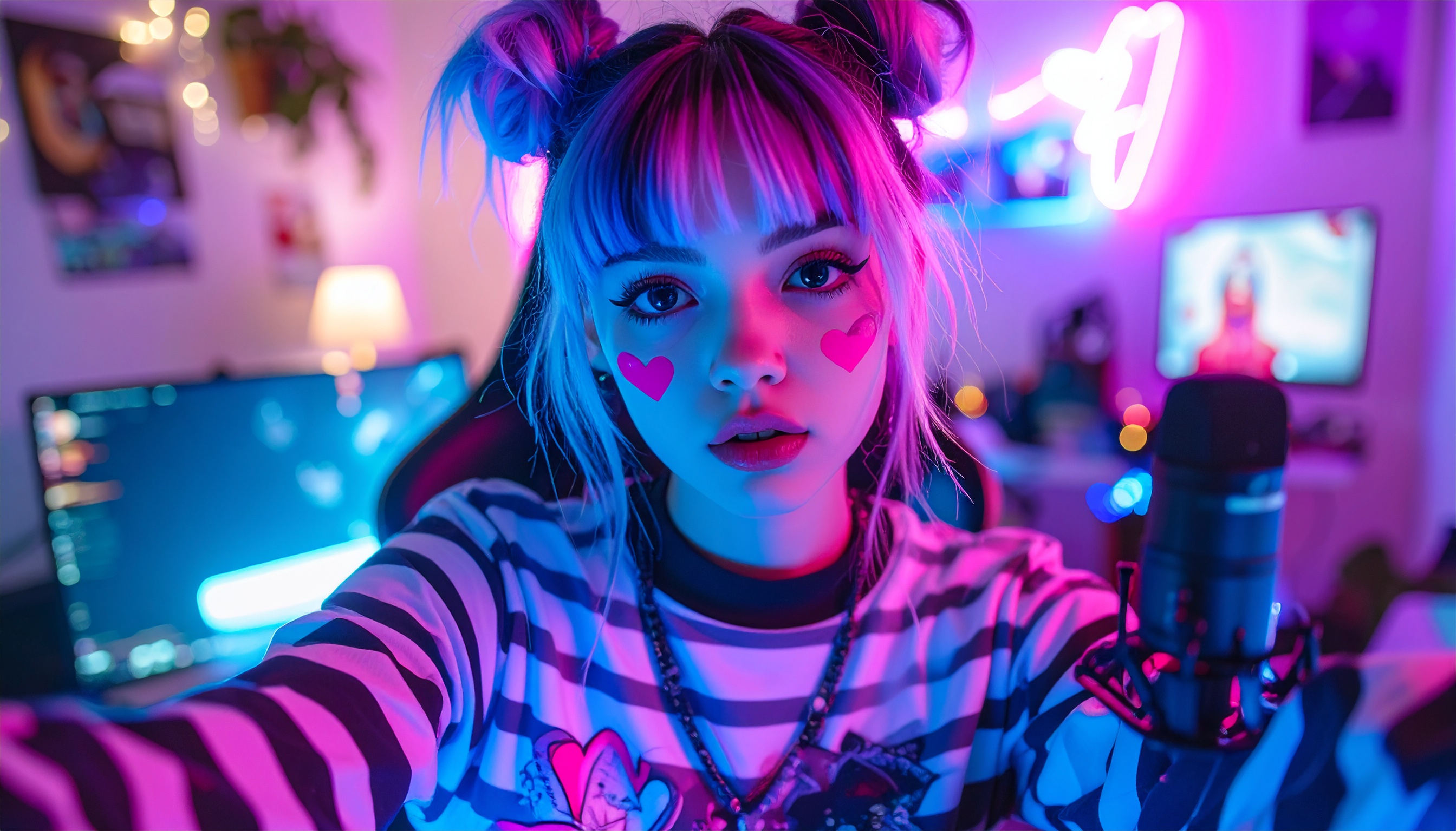A young woman in a vibrant, neon-lit room engages with viewers through a high-quality microphone