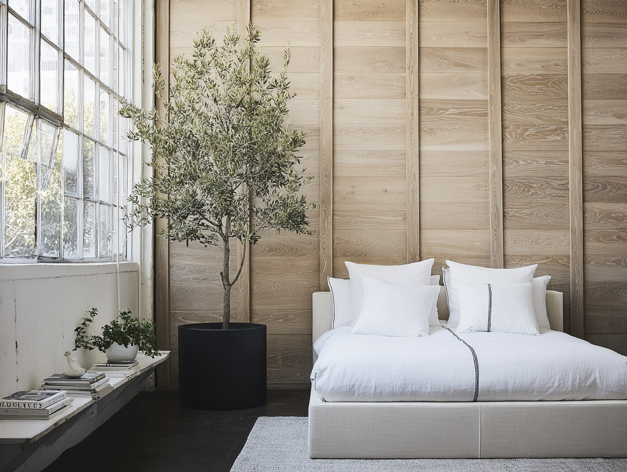 Quarto minimalista com cama de linho branco e almofadas, ao lado de árvore em vaso preto, com parede de madeira clara ao fundo. Janela grande à esquerda, luz natural suave realça a textura dos materiais, criando uma atmosfera serena e acolhedora. Composição equilibrada com foco em linhas limpas e simplicidade.