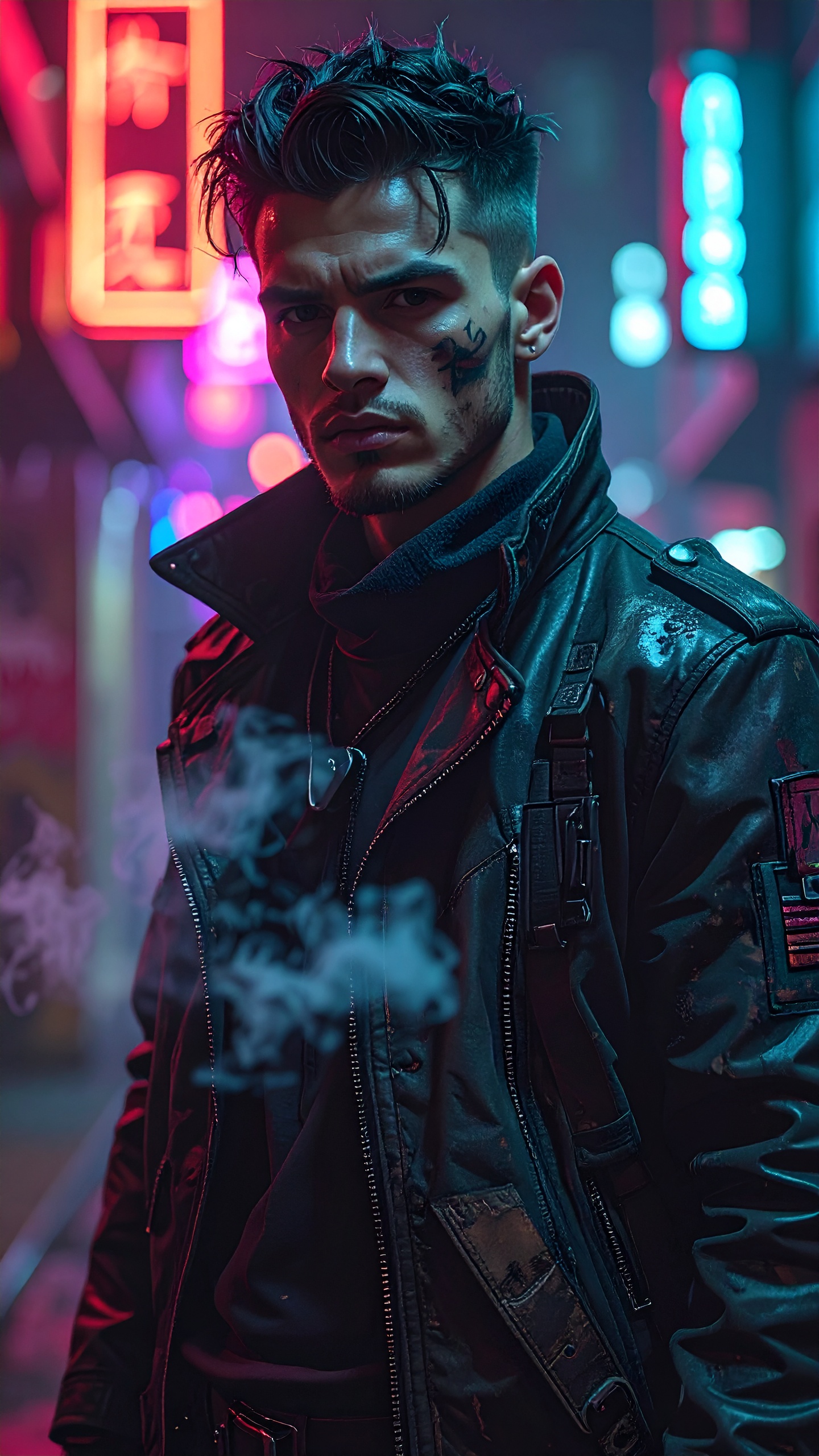 A man in a leather jacket stands confidently in a neon-lit city street