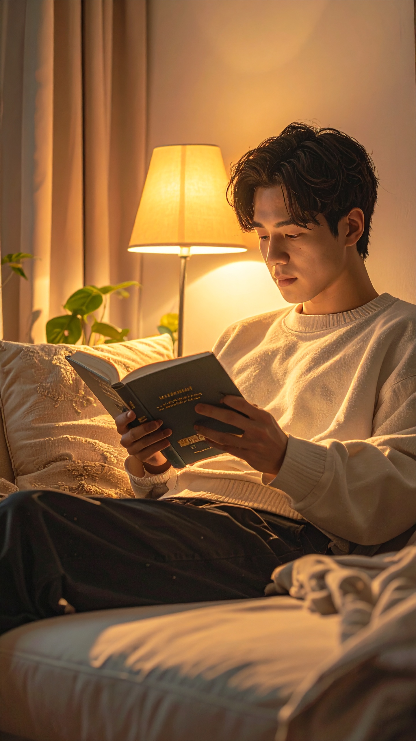 A young man reads a book under warm lamplight in a cozy living room
