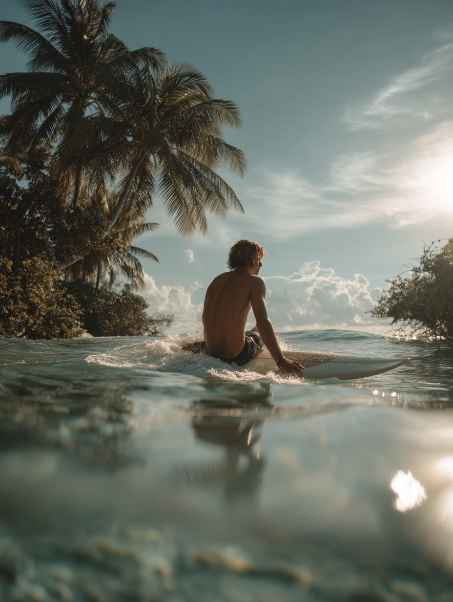 A imagem captura um momento sereno no mar, com um surfista sentado em sua prancha, voltado para a costa. O céu é uma mistura suave de azul e cinza, refletindo a luz do sol que brilha na parte superior direita. A água é de um tom azul claro, refletindo a luz e criando um efeito de brilho na superfície. As palmeiras se destacam à esquerda, adicionando um toque tropical à cena.