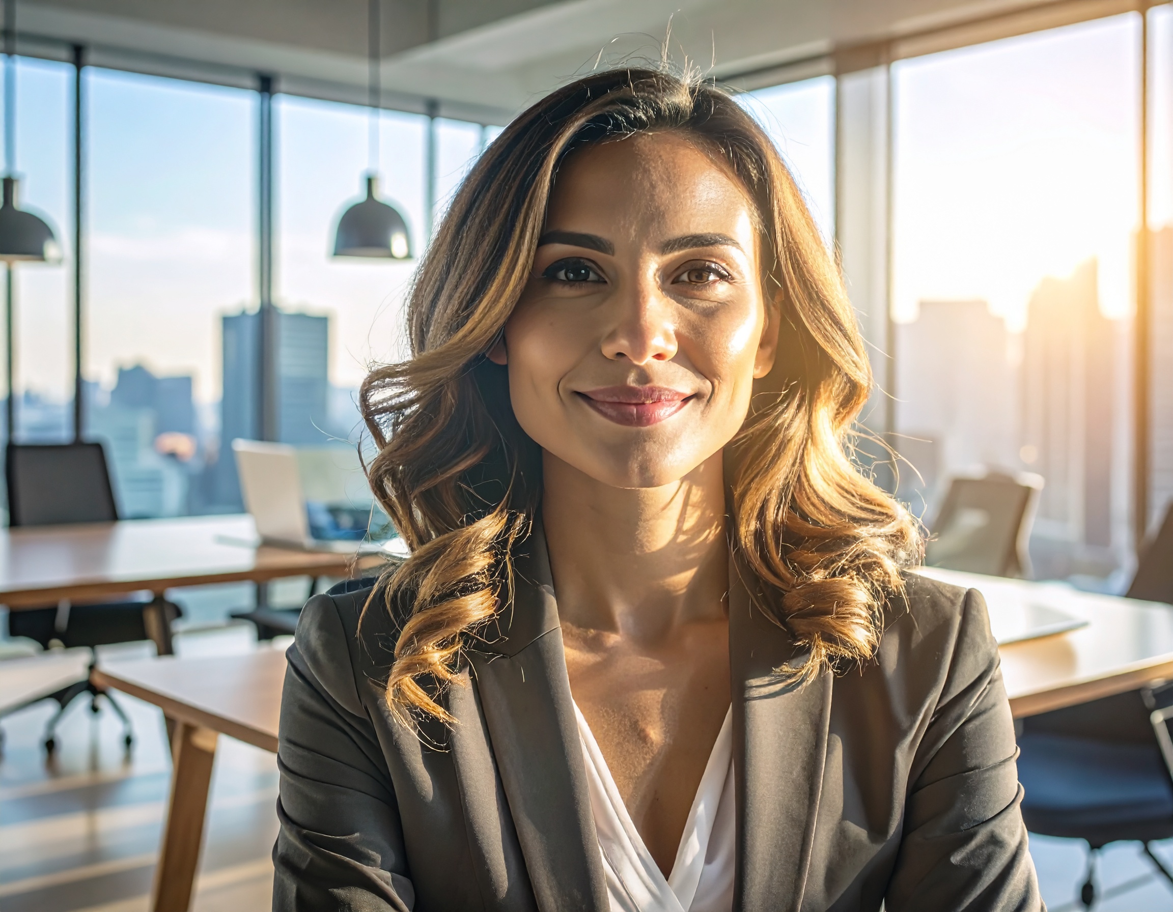 Mulher sorridente em escritório moderno com vista para a cidade ao entardecer, transmitindo confiança e profissionalismo em ambiente corporativo iluminado pelo sol.