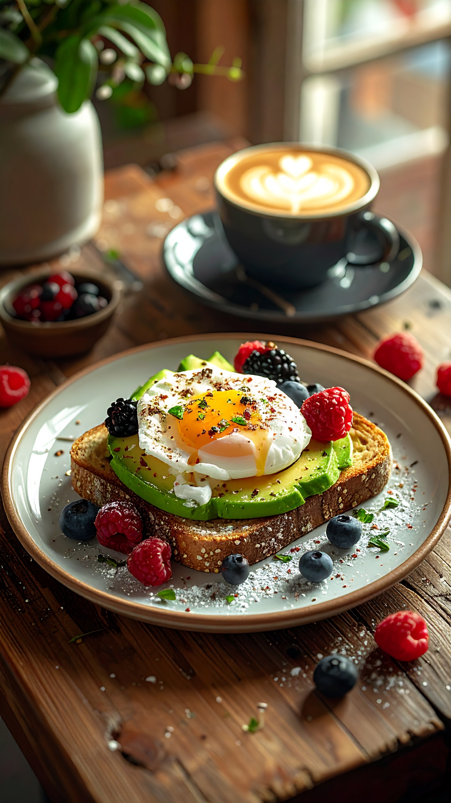 A delicious plate of avocado toast with a perfectly poached egg and fresh berries sits