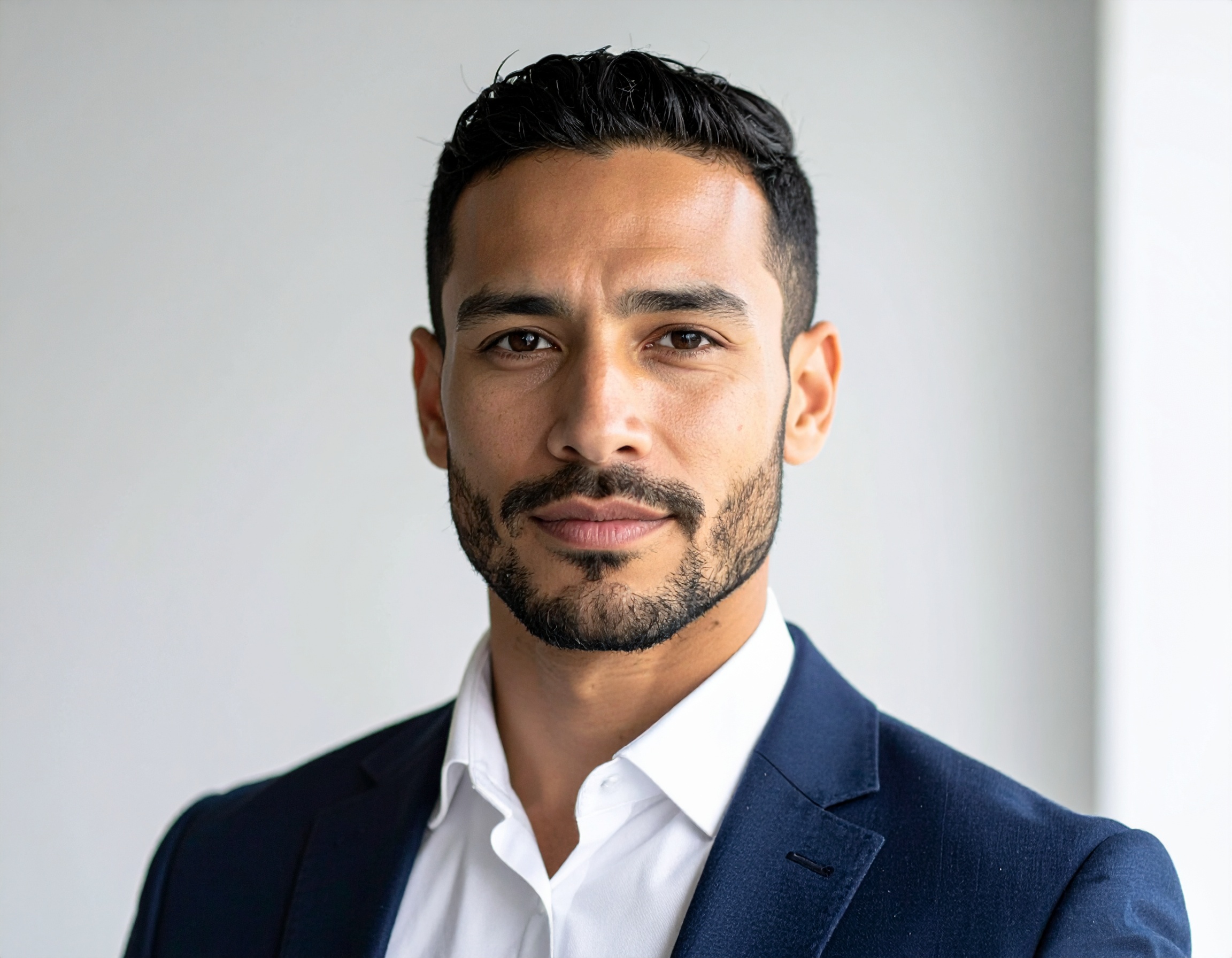 Retrato de um homem em traje formal, com foco nítido no rosto, destacando a expressão confiante e serena. A iluminação suave ilumina o lado direito, criando um contraste sutil com o fundo neutro. A composição é centrada, enfatizando a postura ereta e o olhar direto para a câmera.