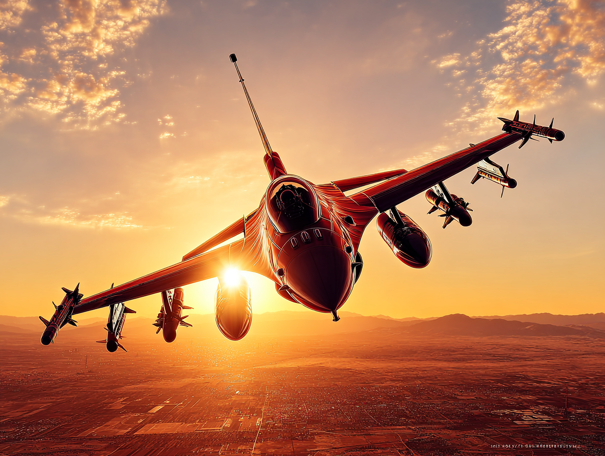 A striking red fighter jet flying against a dramatic sunset backdrop, showcasing its sleek design and weaponry, with the sun illuminating the aircraft's silhouette. Perfect for aviation enthusiasts and military aircraft fans.