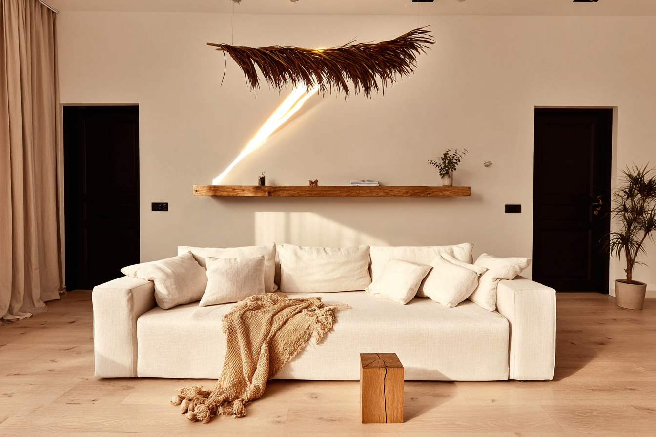 Sala de estar minimalista com sofá bege, almofadas brancas e manta texturizada. Um feixe de luz suave atravessa a sala, destacando uma prateleira de madeira com plantas e livros. Composição equilibrada e iluminação natural criam uma atmosfera aconchegante e elegante. O piso de madeira clara complementa o ambiente moderno e clean.