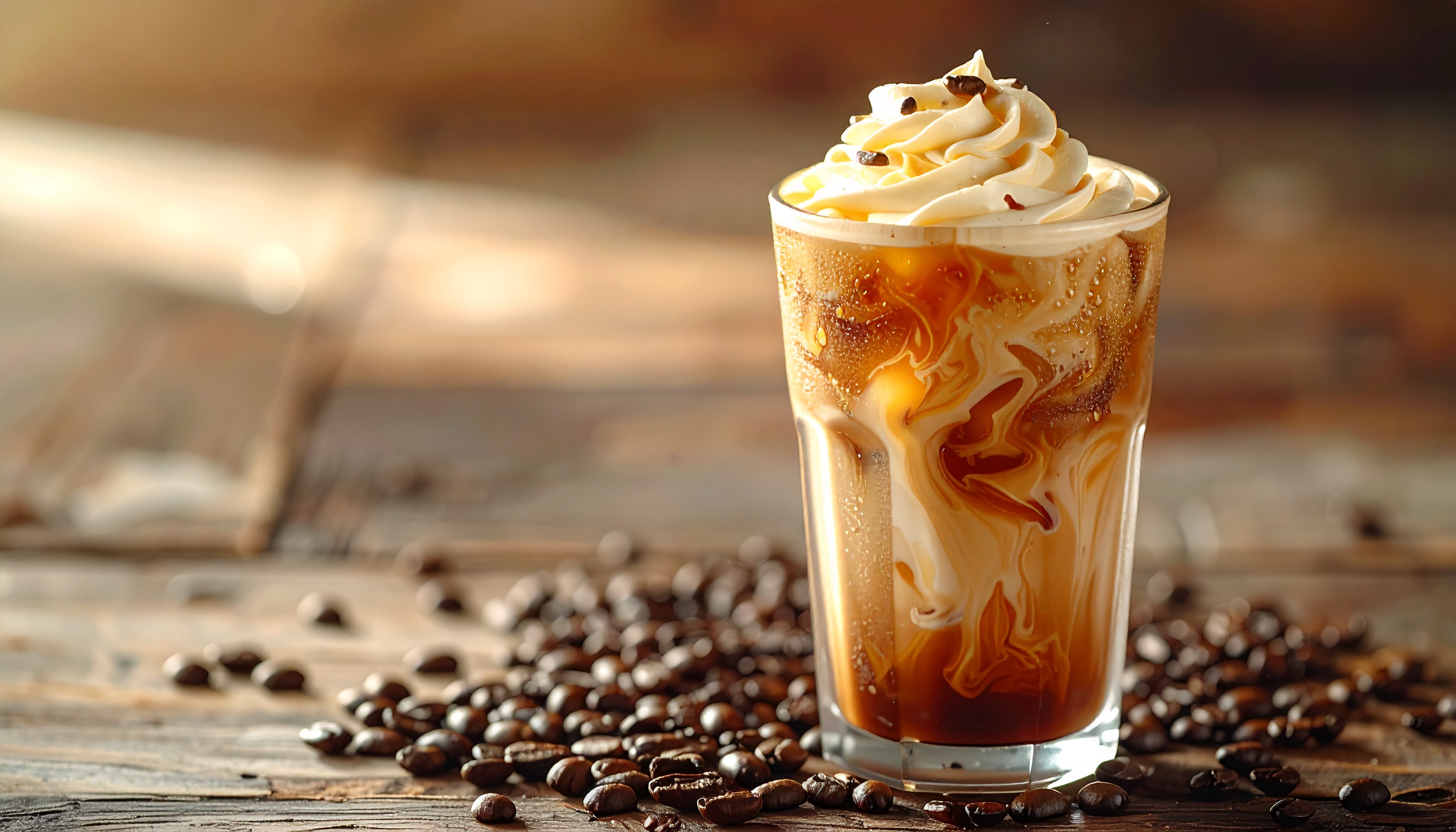 Bebida de café gelado com creme e grãos de café ao redor. Ideal para refrescar em dias quentes, trazendo uma explosão de sabores. O contraste entre o creme e o café cria um visual atraente e apetitoso. Perfeita para encontros casuais ou momentos de relaxamento. Oferece uma experiência deliciosa e visualmente encantadora.