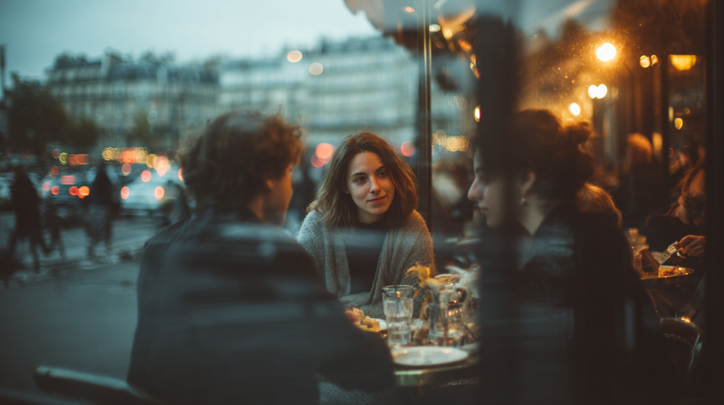 A imagem apresenta um ambiente urbano noturno, onde três pessoas estão sentadas em uma mesa de café. A luz suave e difusa ilumina a cena, criando uma atmosfera intimista. A reflexão em um vidro acrescenta um efeito etéreo, obscurecendo parcialmente a visão. As cores predominantes incluem tons frios como azuis e cinzas, com pontos de luz quentes provenientes de lanternas e carros ao fundo, que contrastam com a cena principal.