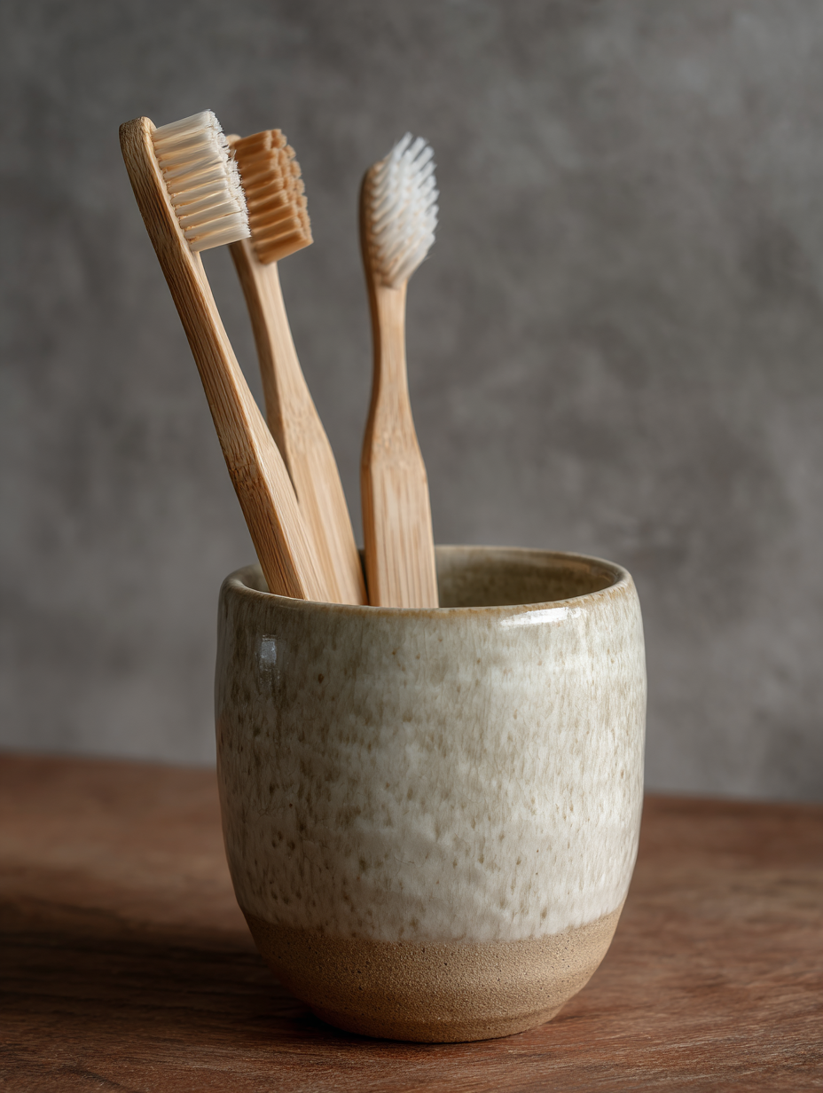 Três escovas de dentes de bambu estão dispostas em um copo de cerâmica artesanal sobre uma superfície de madeira, transmitindo uma estética de sustentabilidade e minimalismo natural, ideal para ambientes eco-friendly.