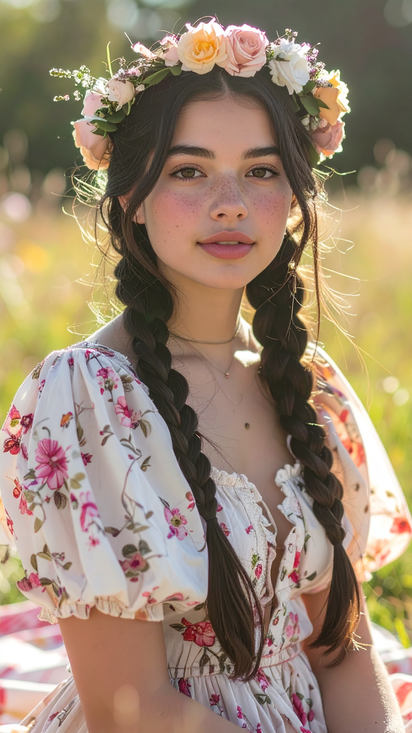 Jovem com coroa de flores em um campo ensolarado. Ideal para sessões fotográficas de estilo boho ou eventos ao ar livre, a imagem transmite uma sensação de tranquilidade e beleza natural. O vestido florido e as tranças complementam o visual romântico e despreocupado. Perfeita para uso em campanhas de moda primavera-verão ou divulgação de eventos temáticos ao ar livre. A composição realça a conexão com a natureza e um estilo de vida leve e livre.