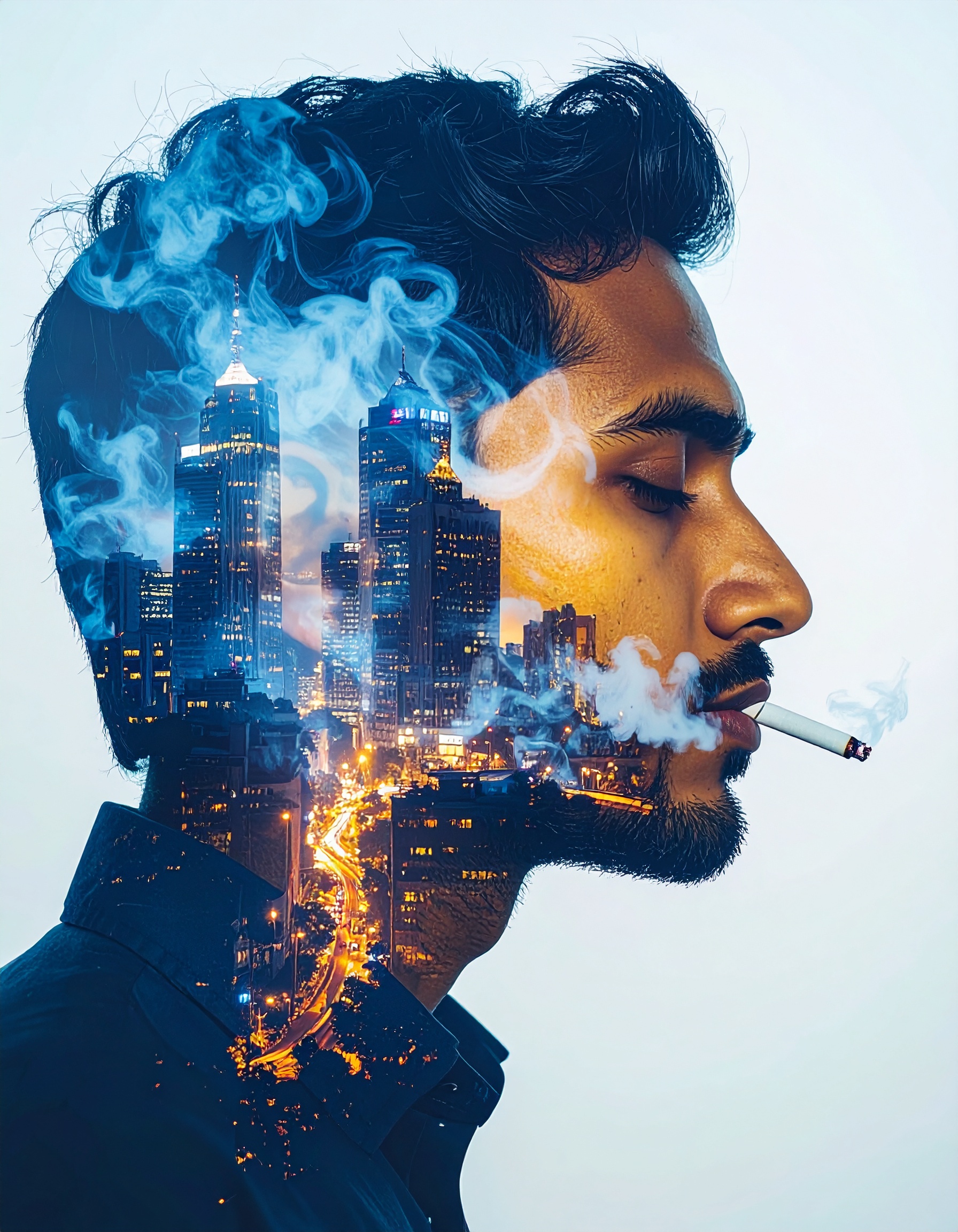 A creative double exposure of a man smoking overlaid with a vibrant cityscape