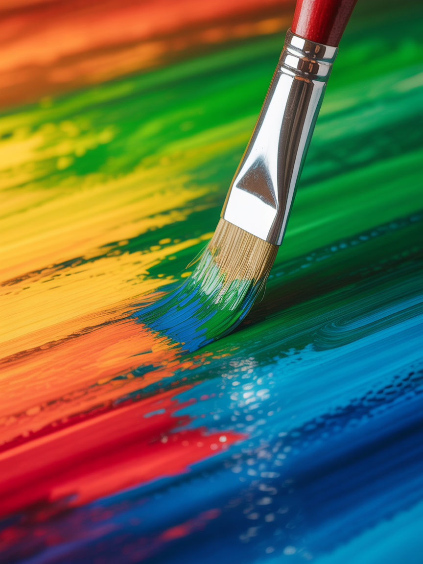 Close-up Brush on Vibrant Rainbow Canvas