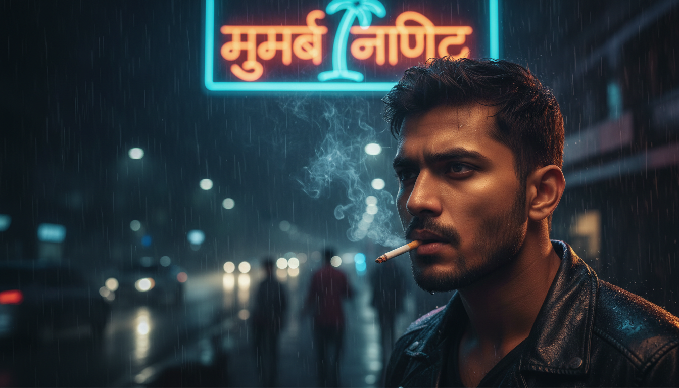 A man in a leather jacket stands in the rain on a dimly lit street