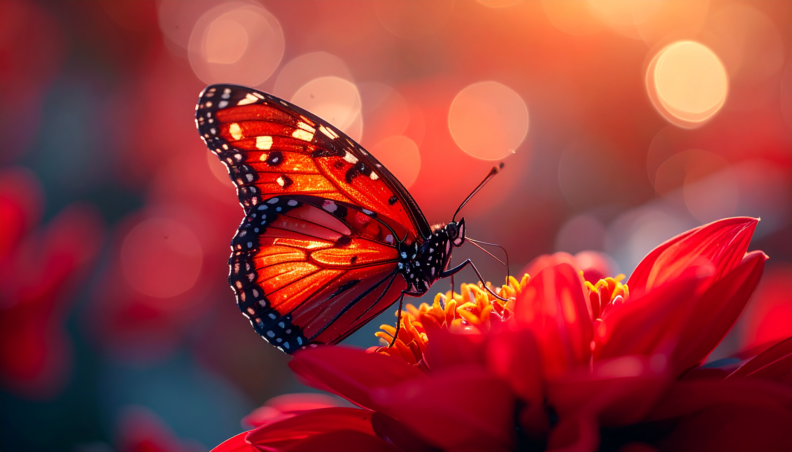 Monarch Butterfly on Red Flower at Sunset