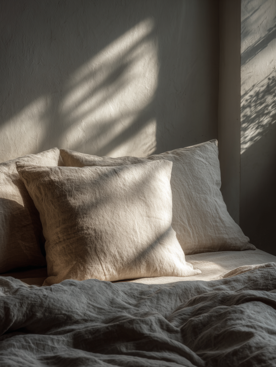 Cama minimalista com travesseiros de linho em um quarto iluminado por luz suave, criando uma atmosfera acolhedora e serena. Estilo escandinavo com sombras de folhas na parede.