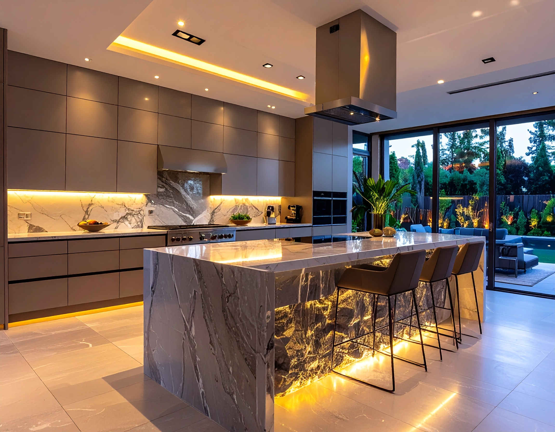Cozinha moderna e luxuosa com ilha central de mármore iluminada, cadeiras altas elegantes e armários embutidos cinza. A iluminação suave valoriza os detalhes do design contemporâneo, enquanto grandes janelas de vidro oferecem vista para o jardim bem cuidado, criando uma atmosfera acolhedora e sofisticada.