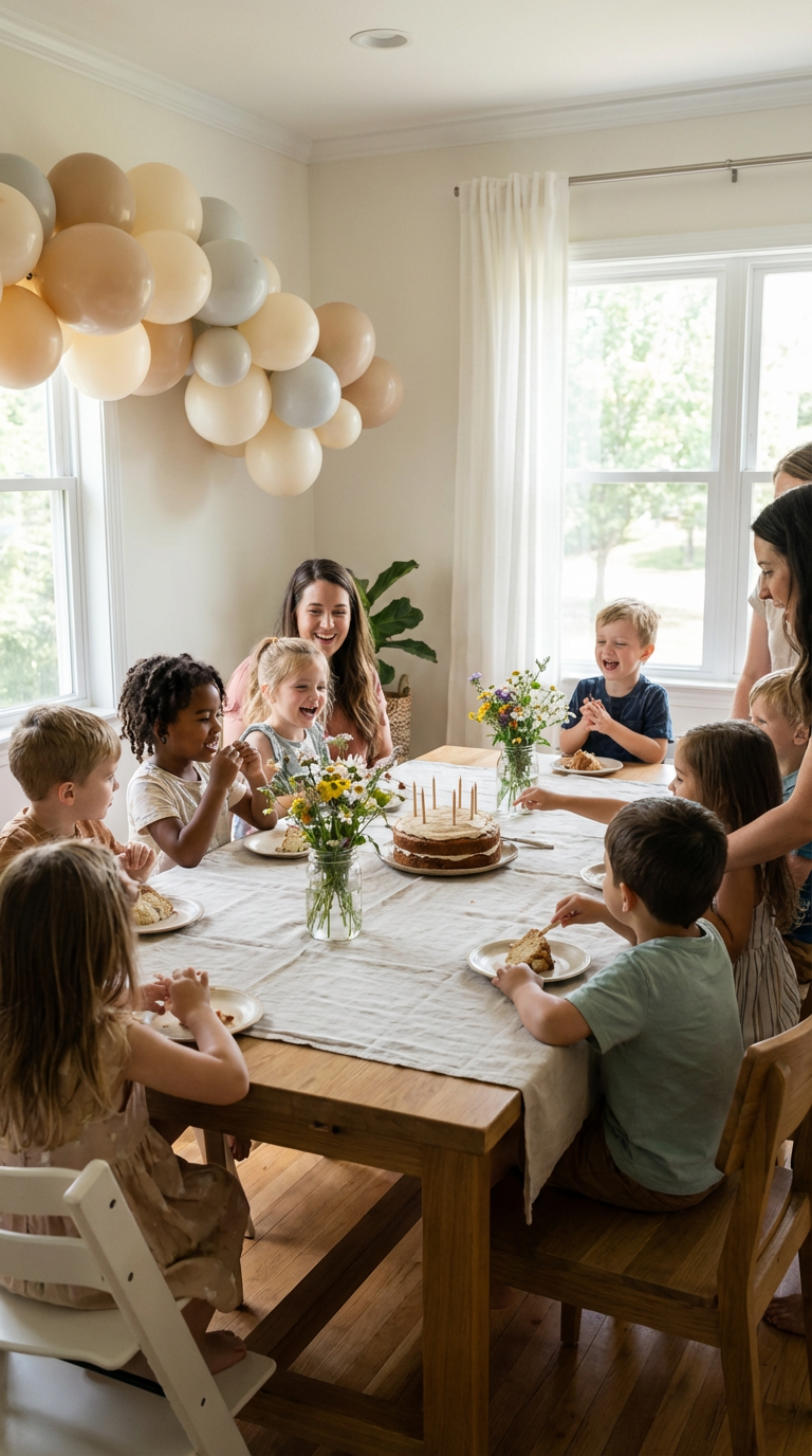 A lively children's birthday party scene with smiling kids gathered around a wooden table